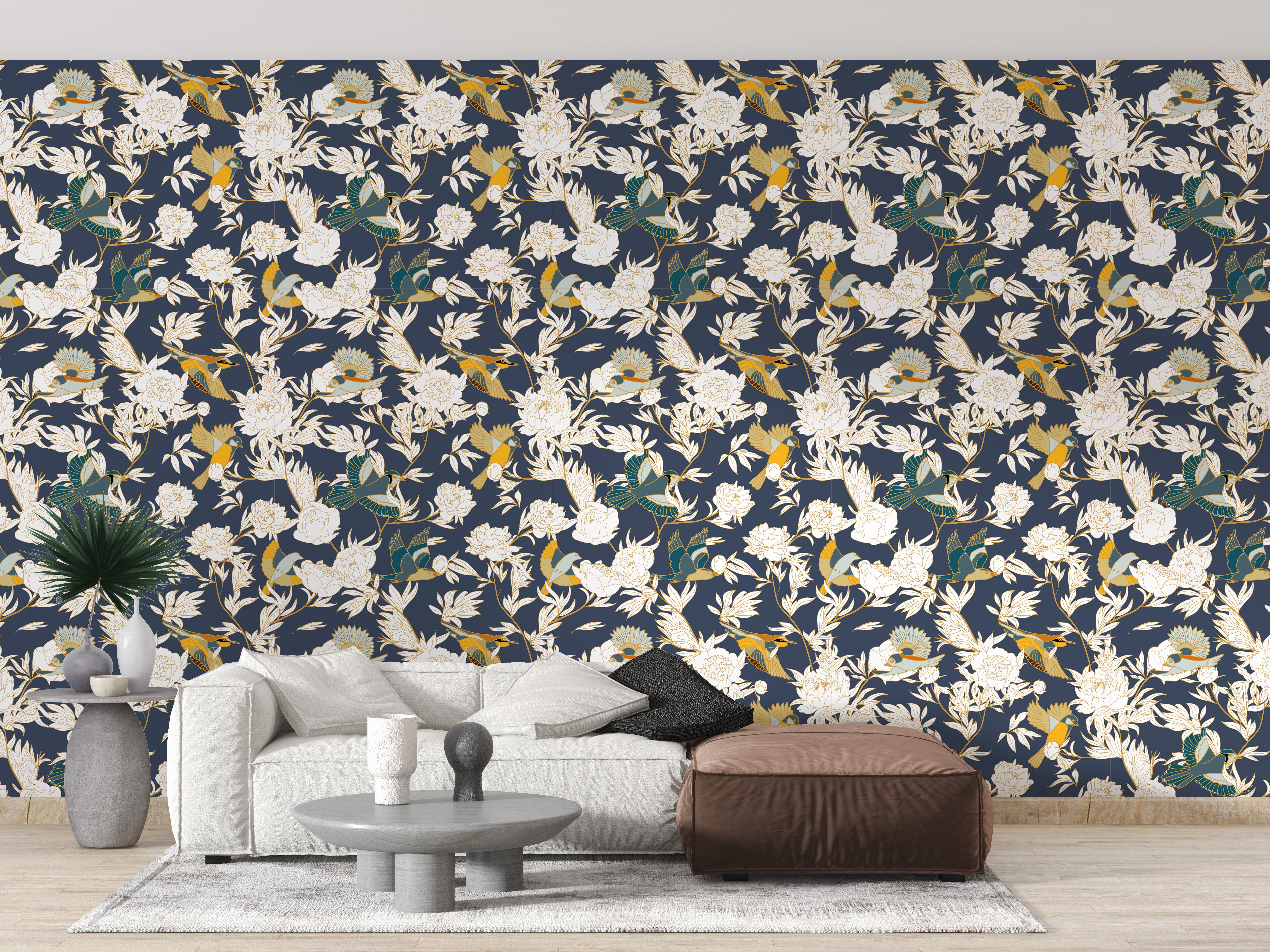 Artistic wallpaper showcasing peonies and birds
