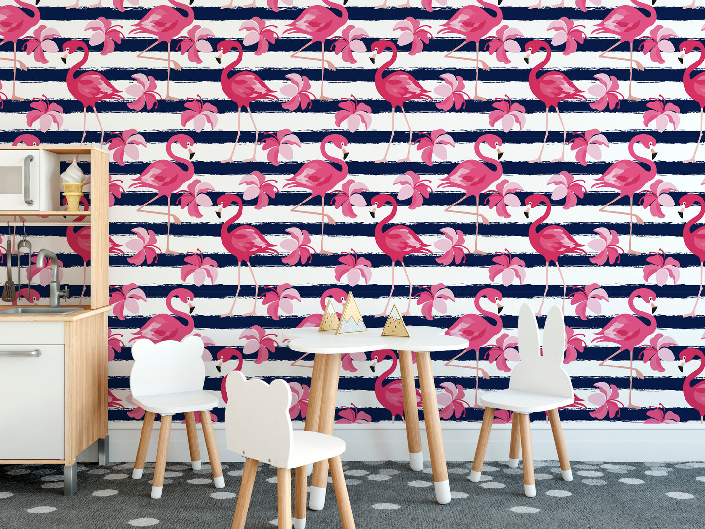 Flamingo Oasis in Blue Stripes Wallpaper