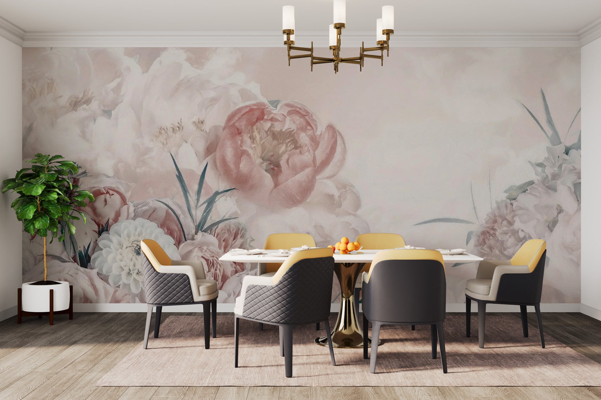 Gentle pink white flower mural for a peaceful ambiance
