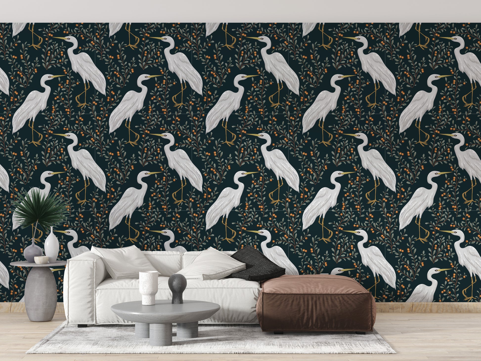 Majestic heron mural wallpaper in cranberry hues
