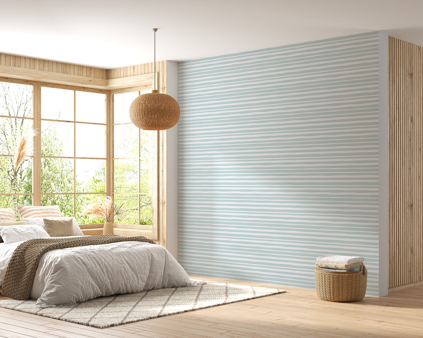 Sea Green Color Horizontal Striped Wallpaper