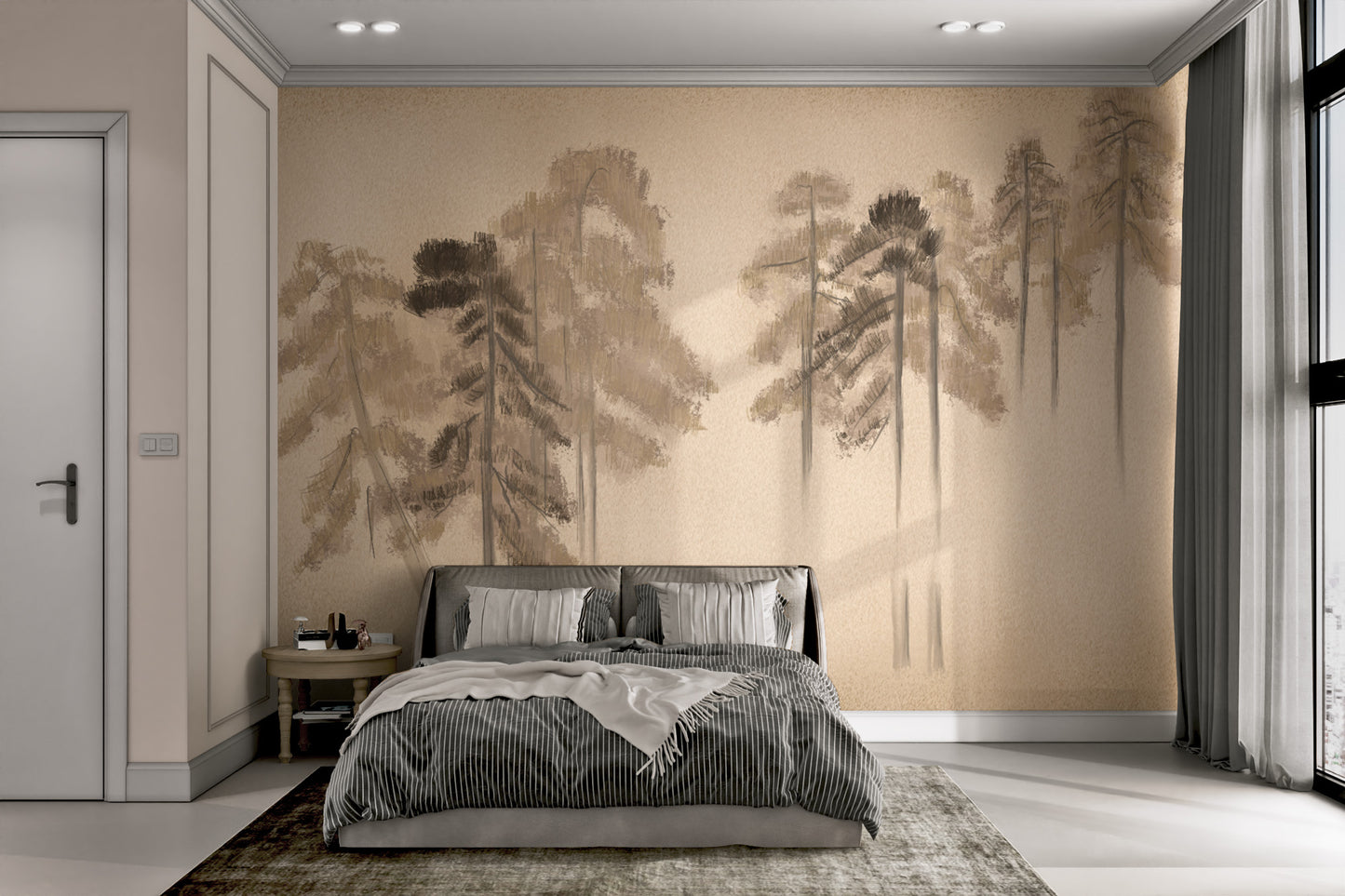 Rustic grunge mural featuring a dense pine forest