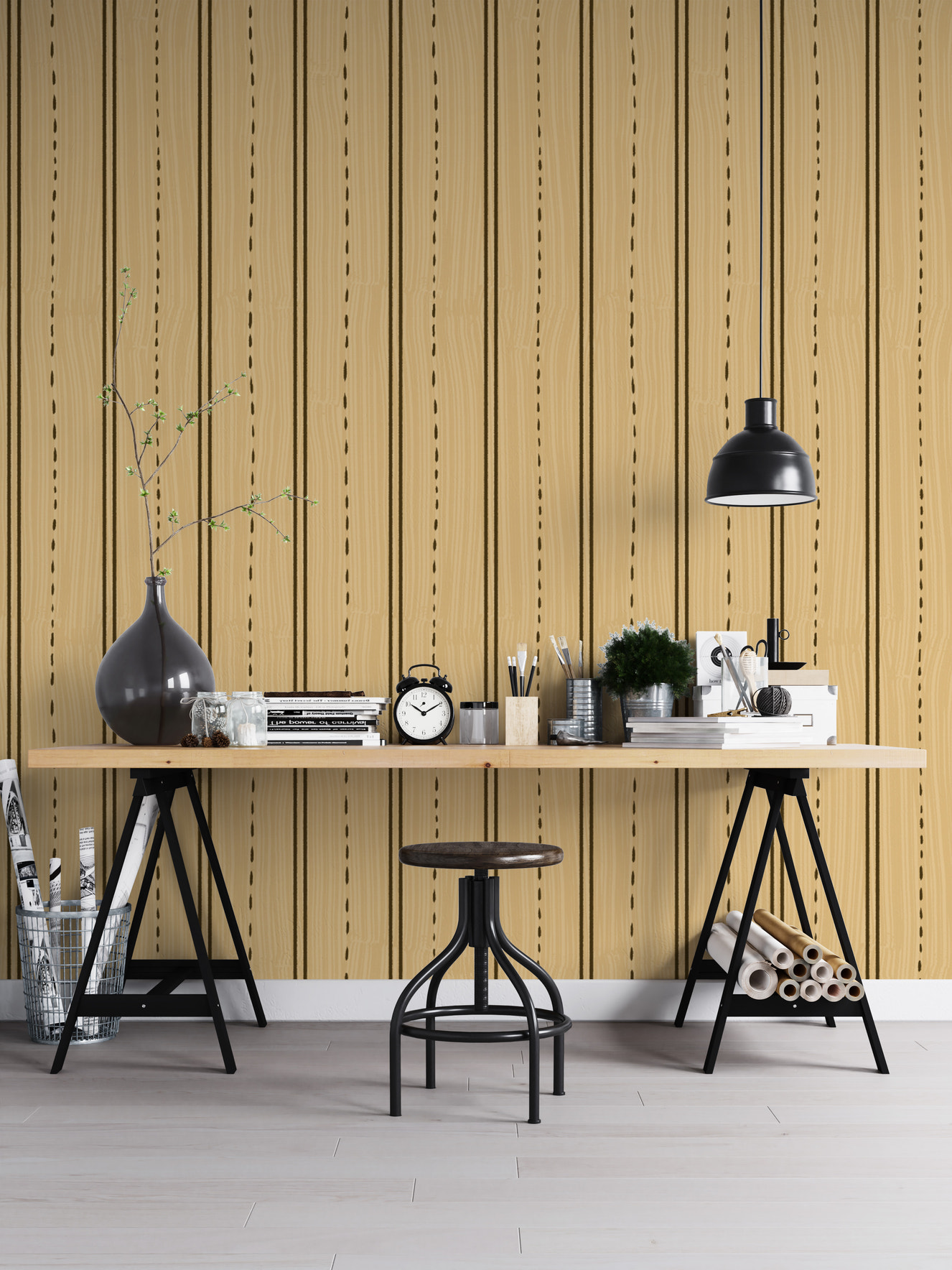 Decorative wallpaper with a natural vertical wood pattern
