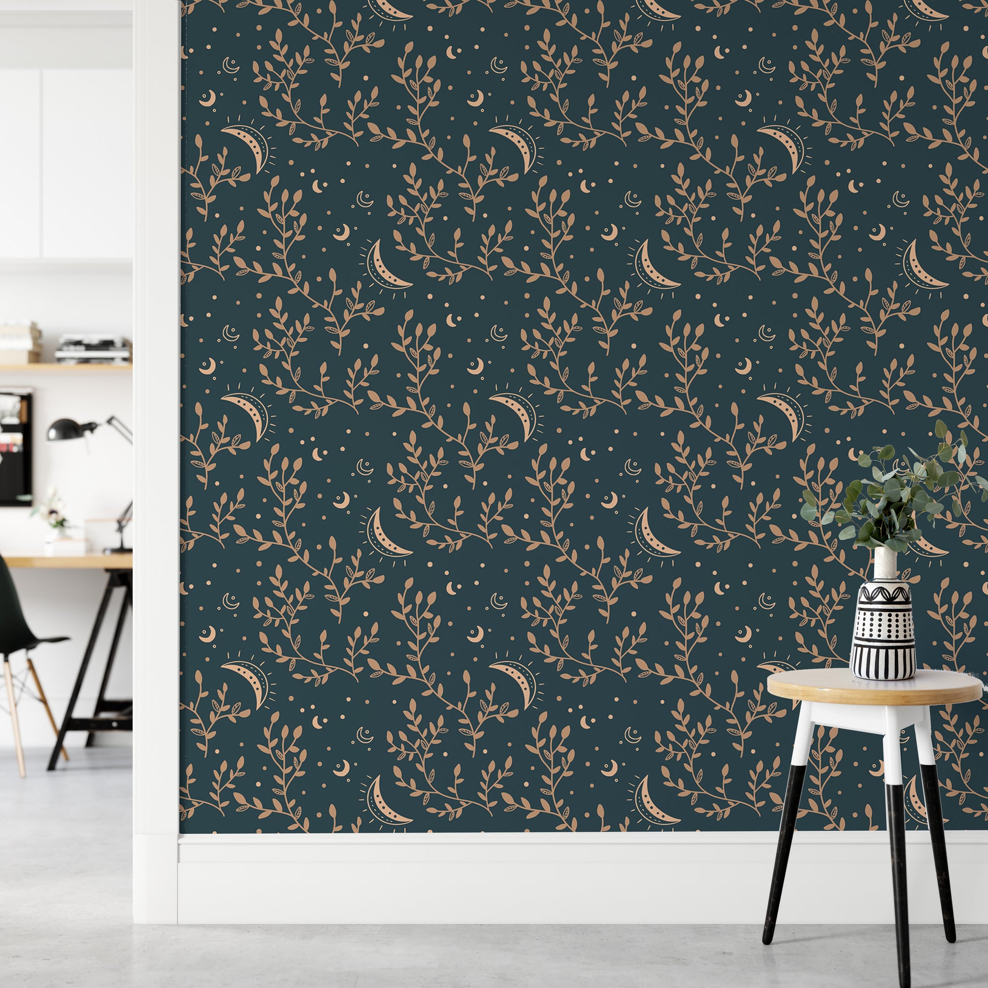 Elegant esoteric wallpaper with moon and floral motifs.