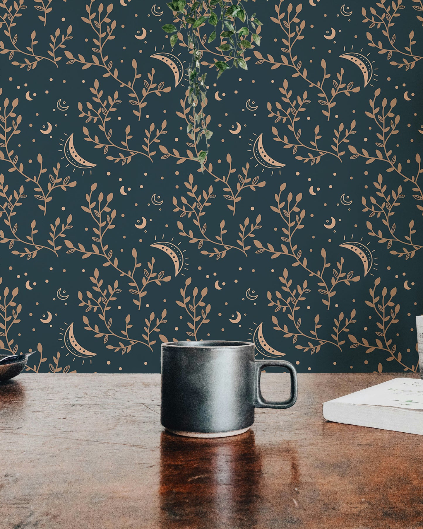 Floral crescent moon wallpaper for mystical decor.