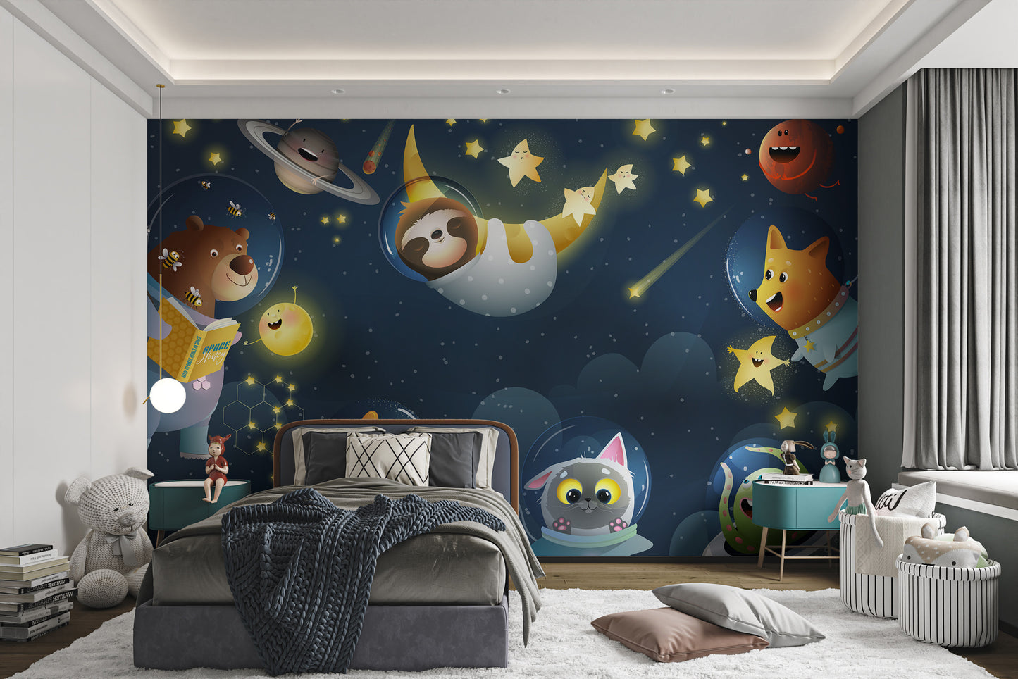 Kids and animals as astronauts in space mural