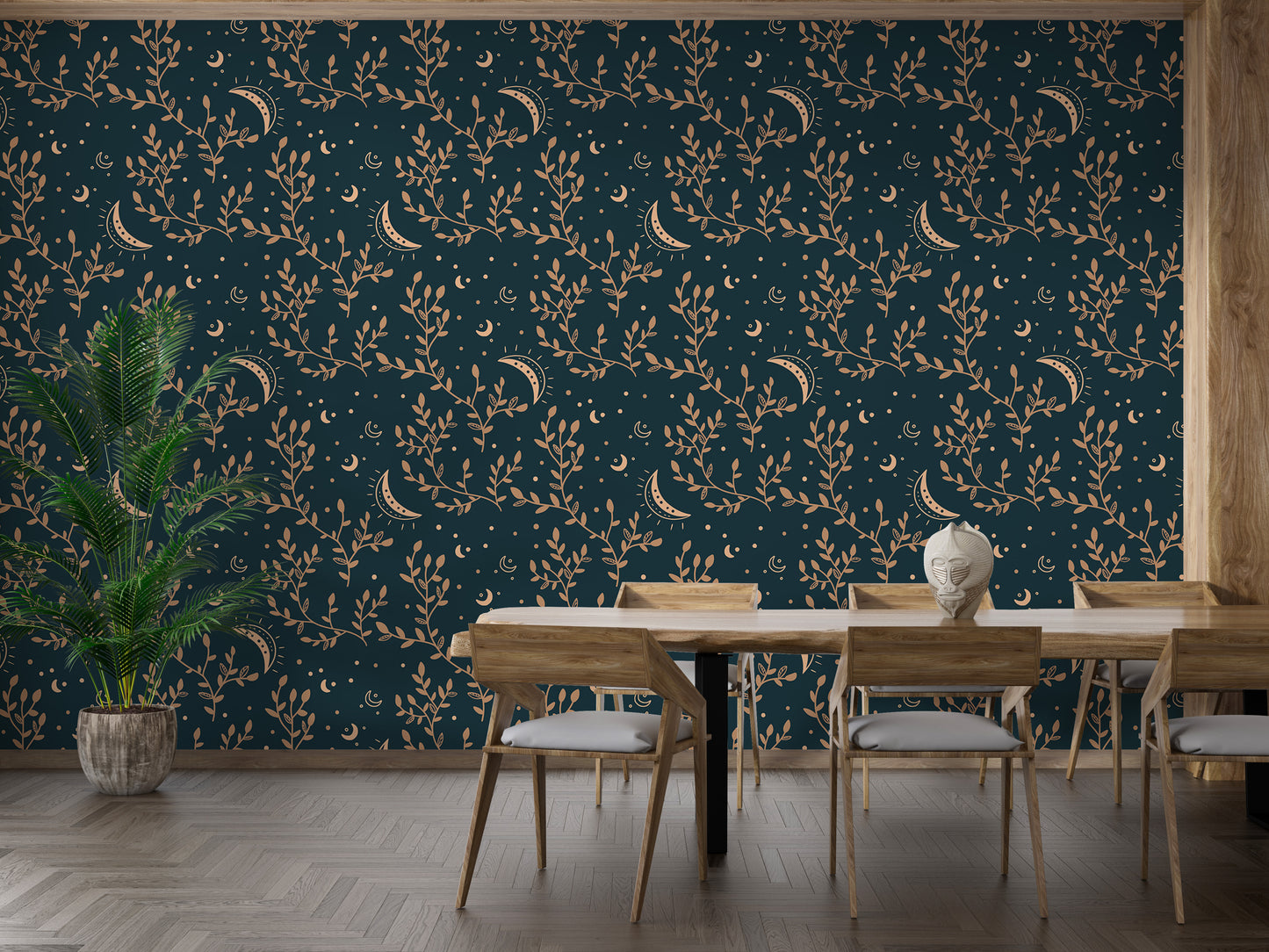 Crescent moon and floral esoteric wall design.