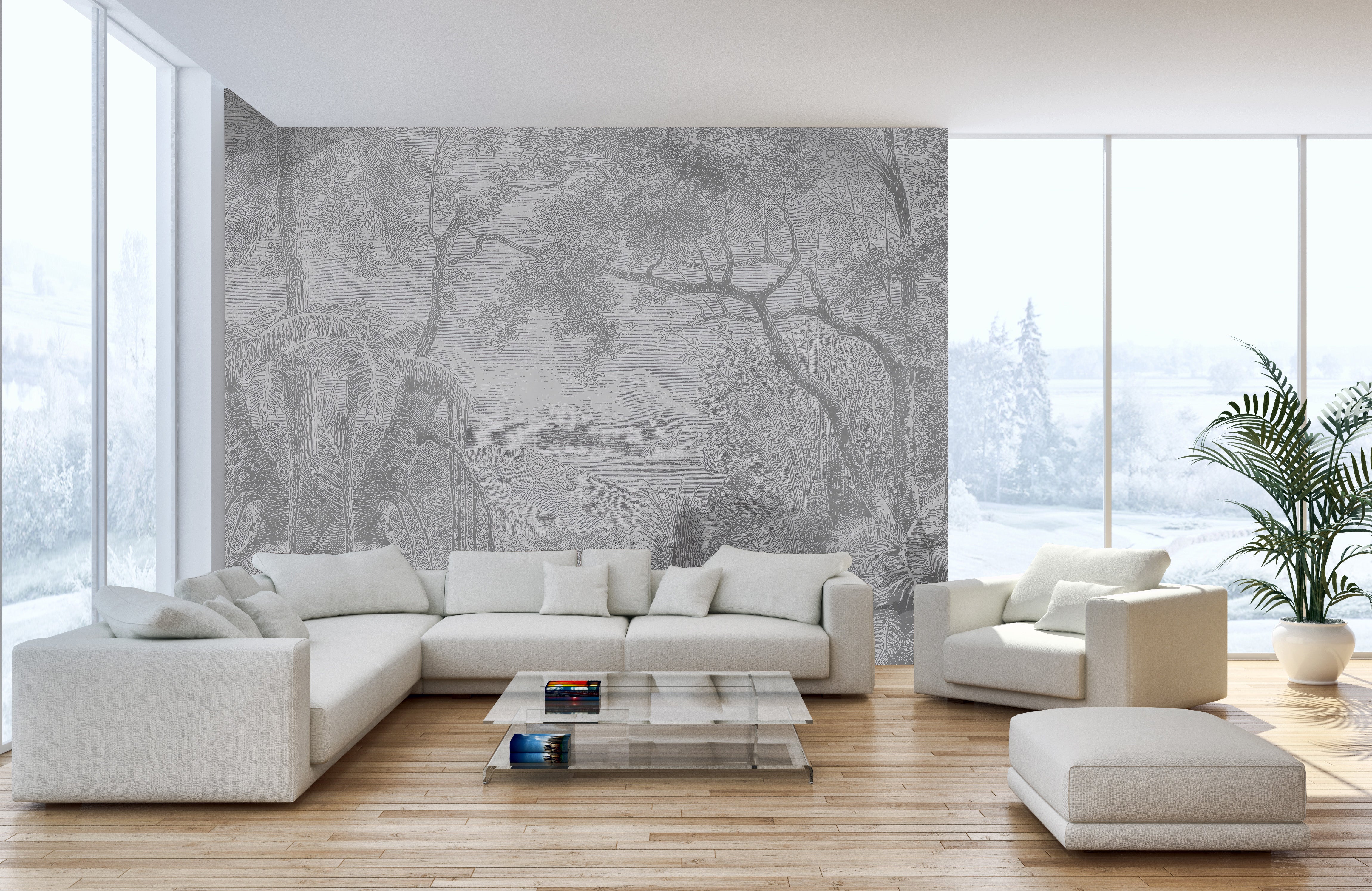 Elegant Grey Forest Sketch Nature Wallpaper Mural