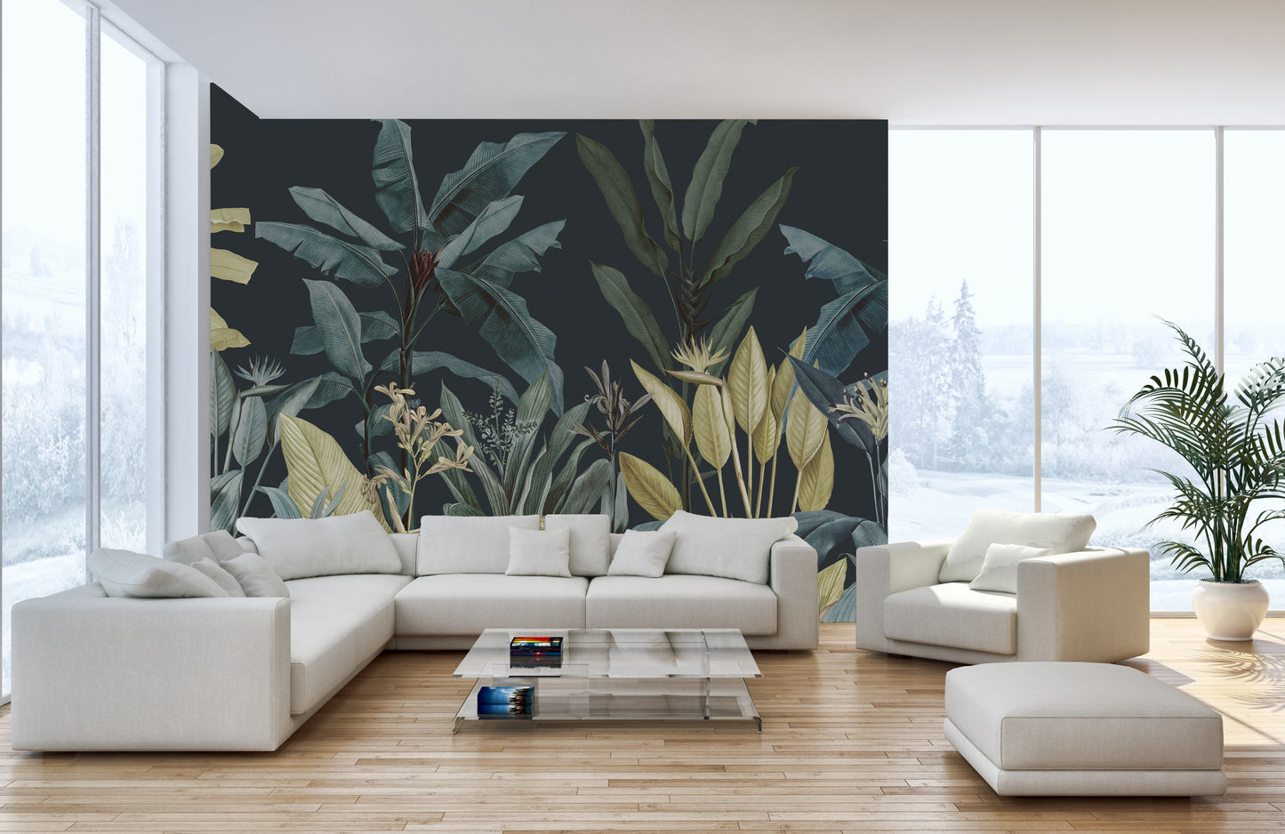 Jungle oasis wallcovering with dark tones
