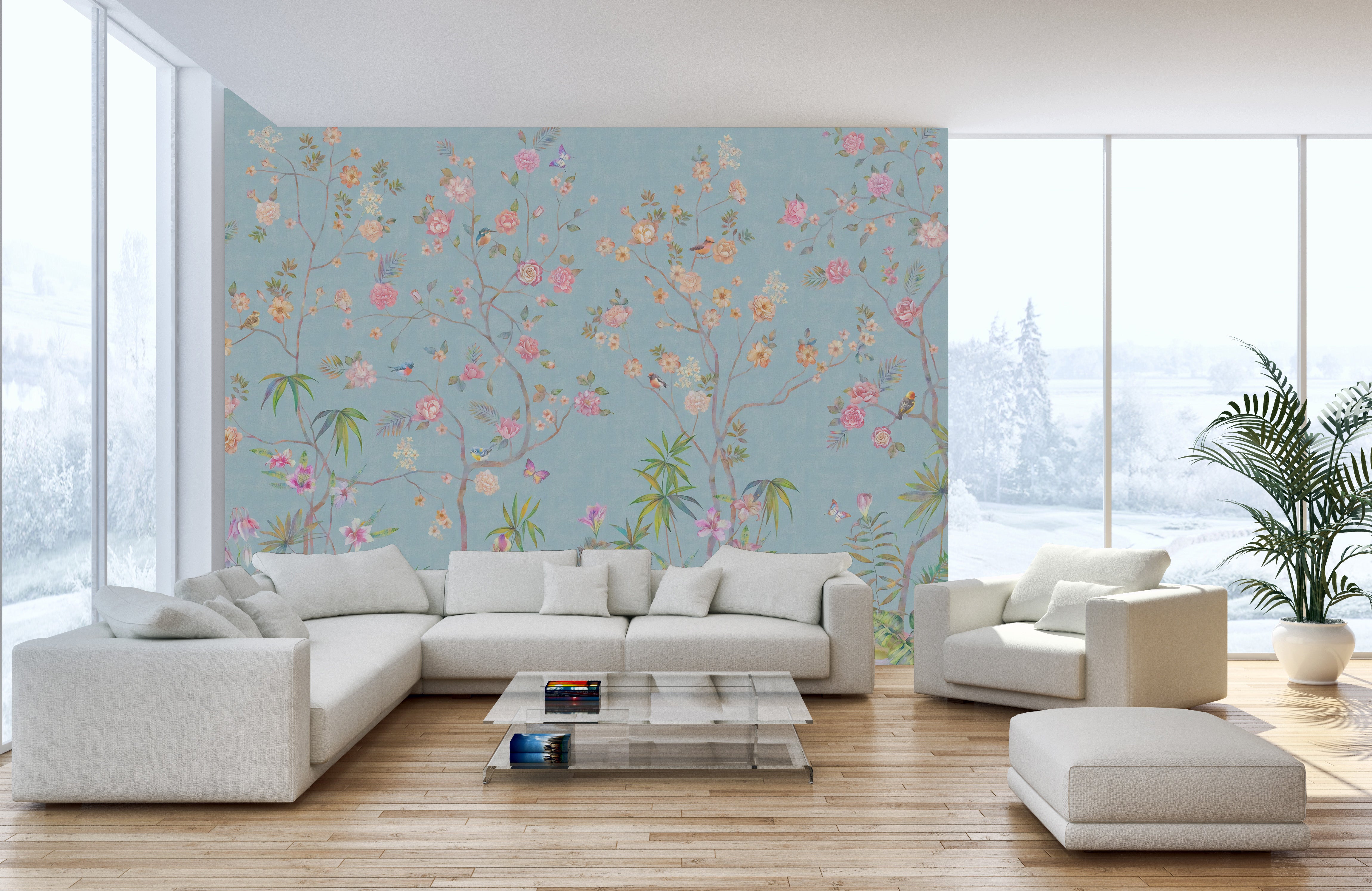 Elegant blue chinoiserie wall mural design
