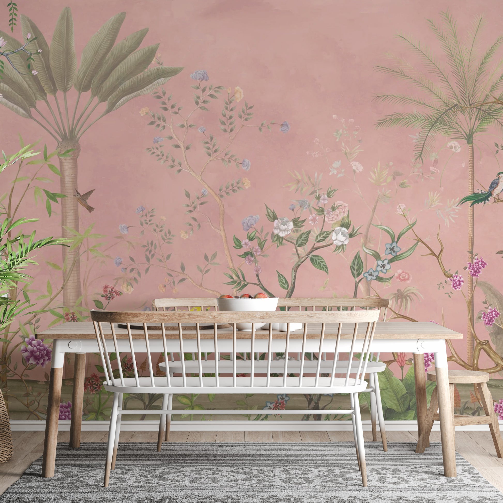 Vibrant pink chinoiserie wallpaper for tropical decor
