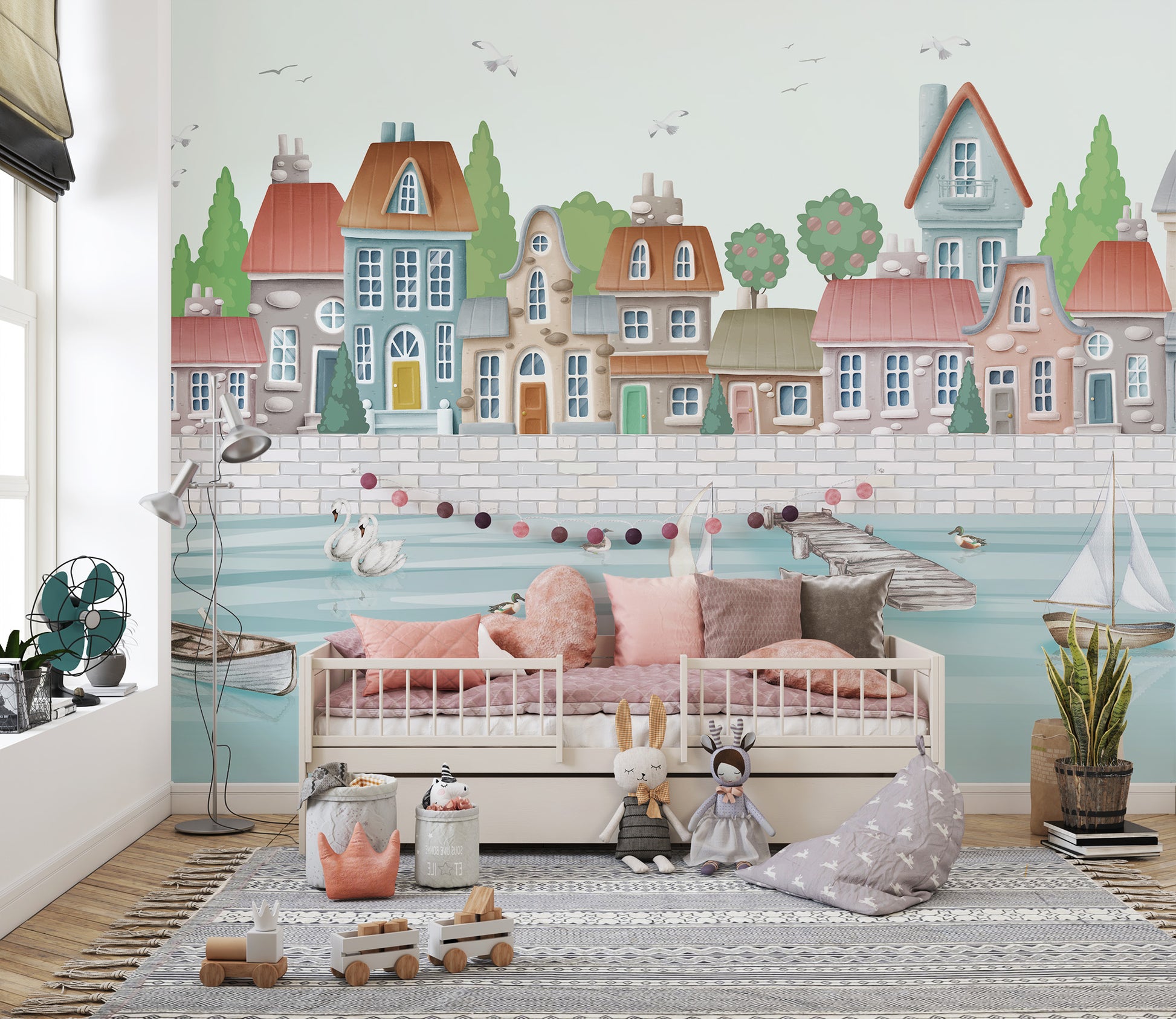 Coastal Town Beach View Wallpaper Mural