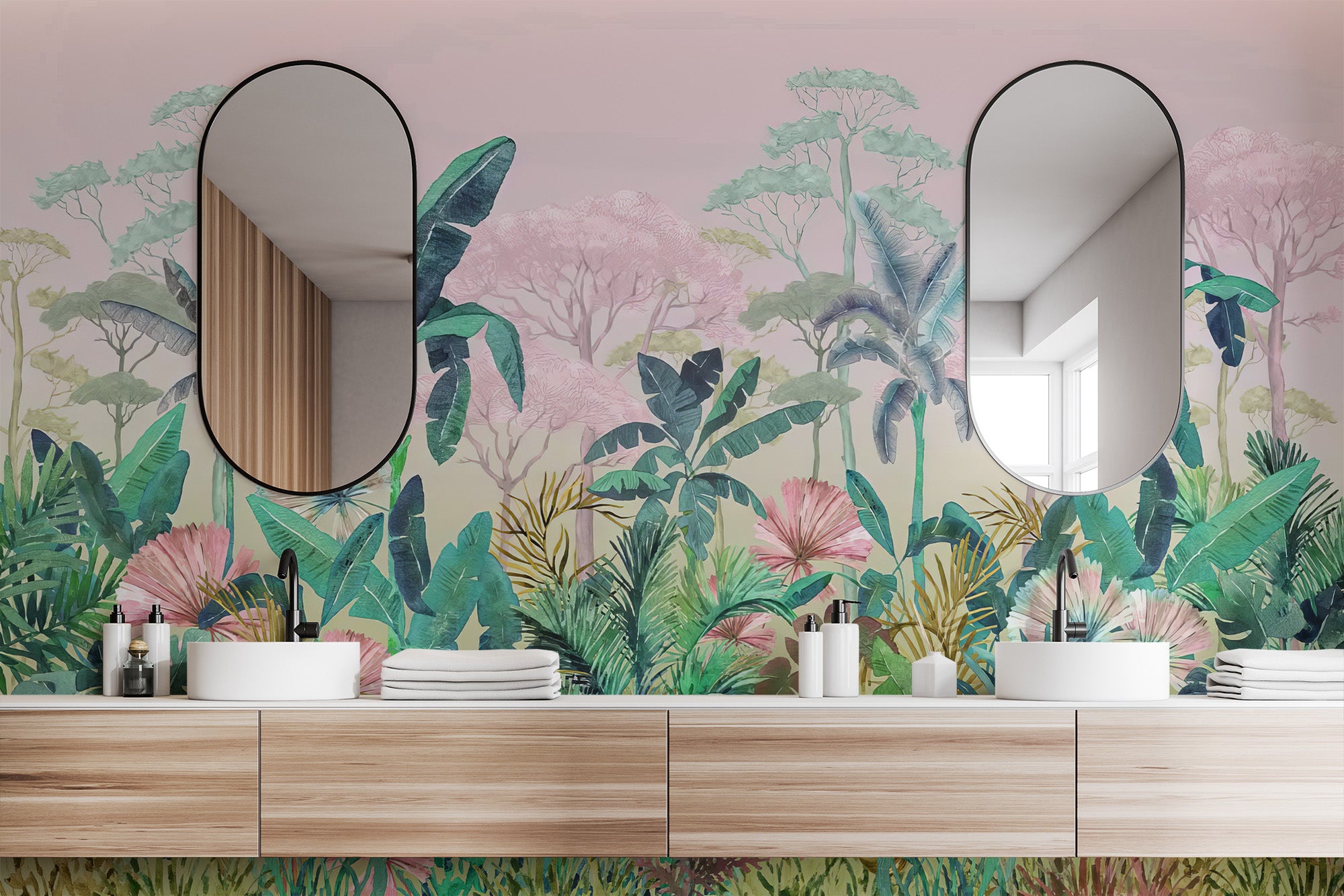 Vibrant jungle wallpaper mural with tropical foliage and wildlife
