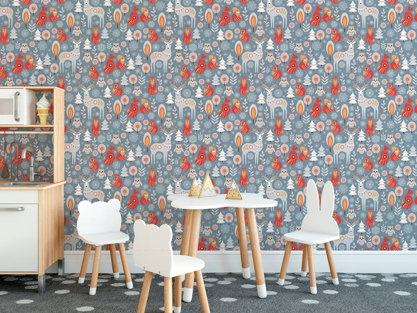 Winter deer and fox wallpaper mural
