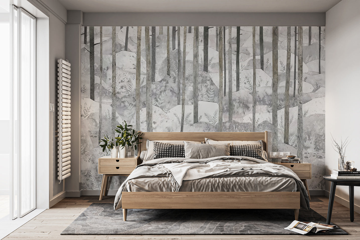 Removable grey forest wallpaper for nature-inspired decor