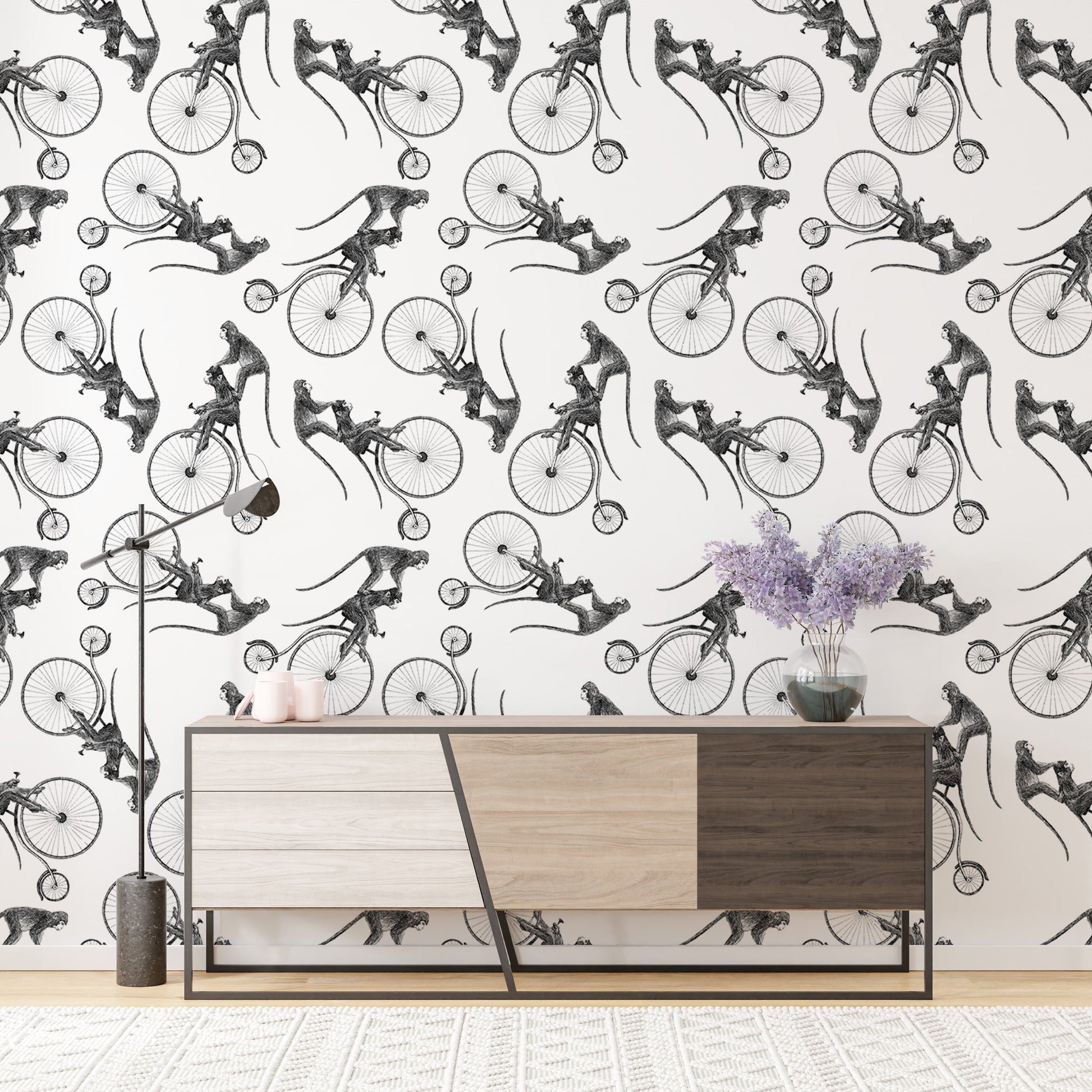 Cute hand-drawn monkey cycling pattern for walls