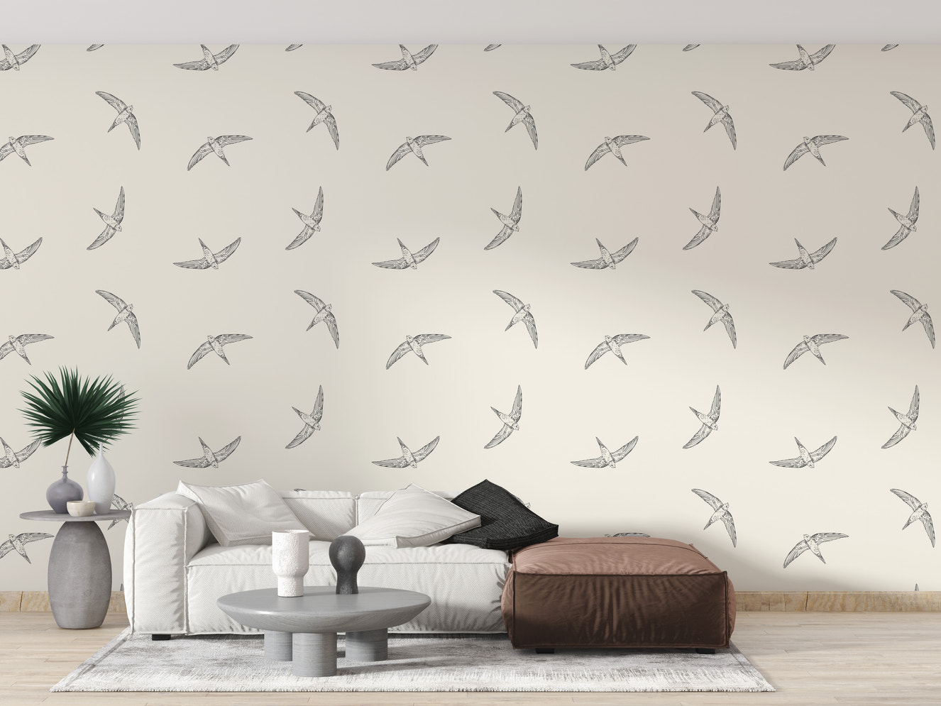 Elegant beige wallpaper with bird mural
