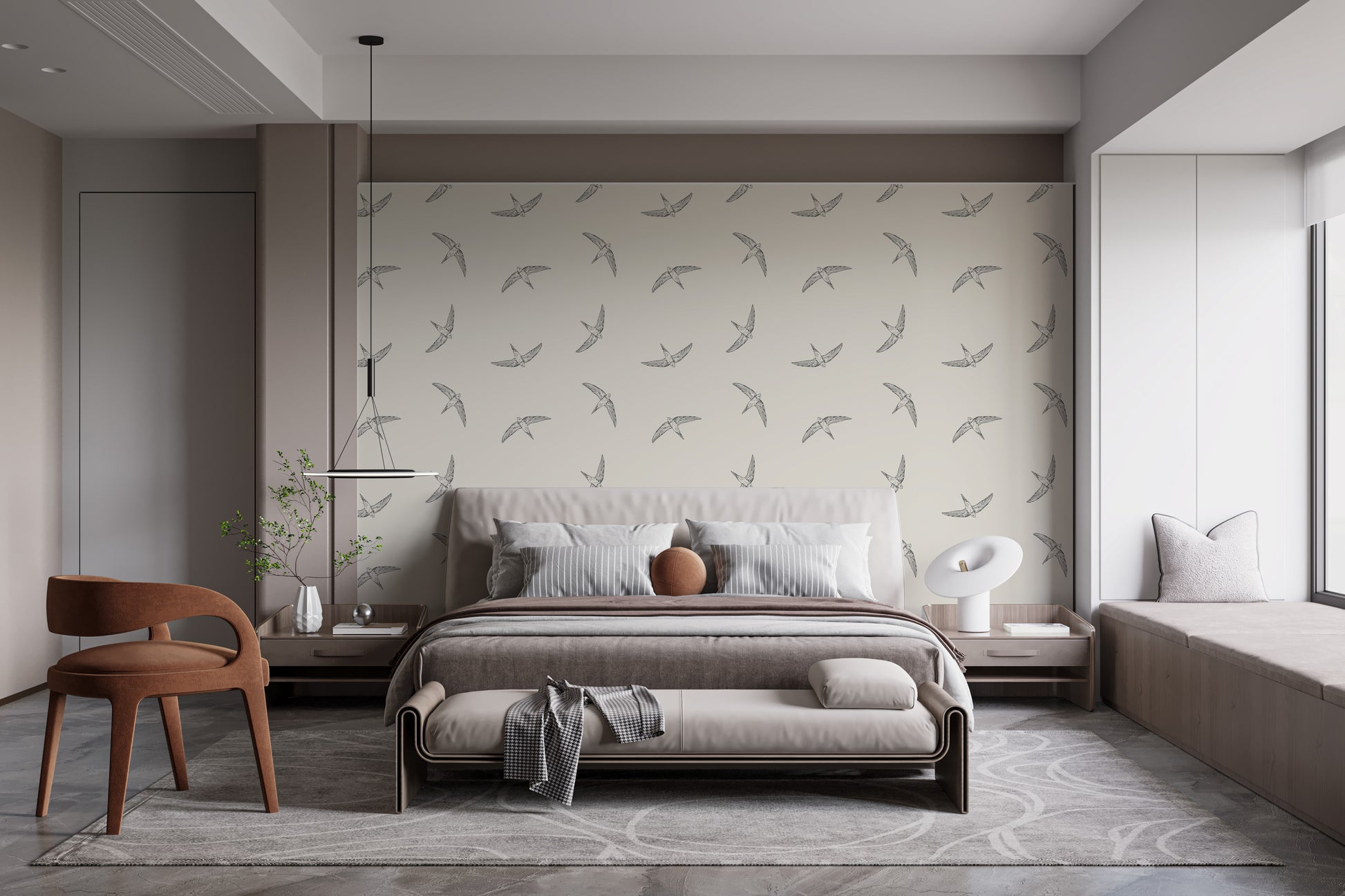 Beige avian wallpaper featuring birds in flight
