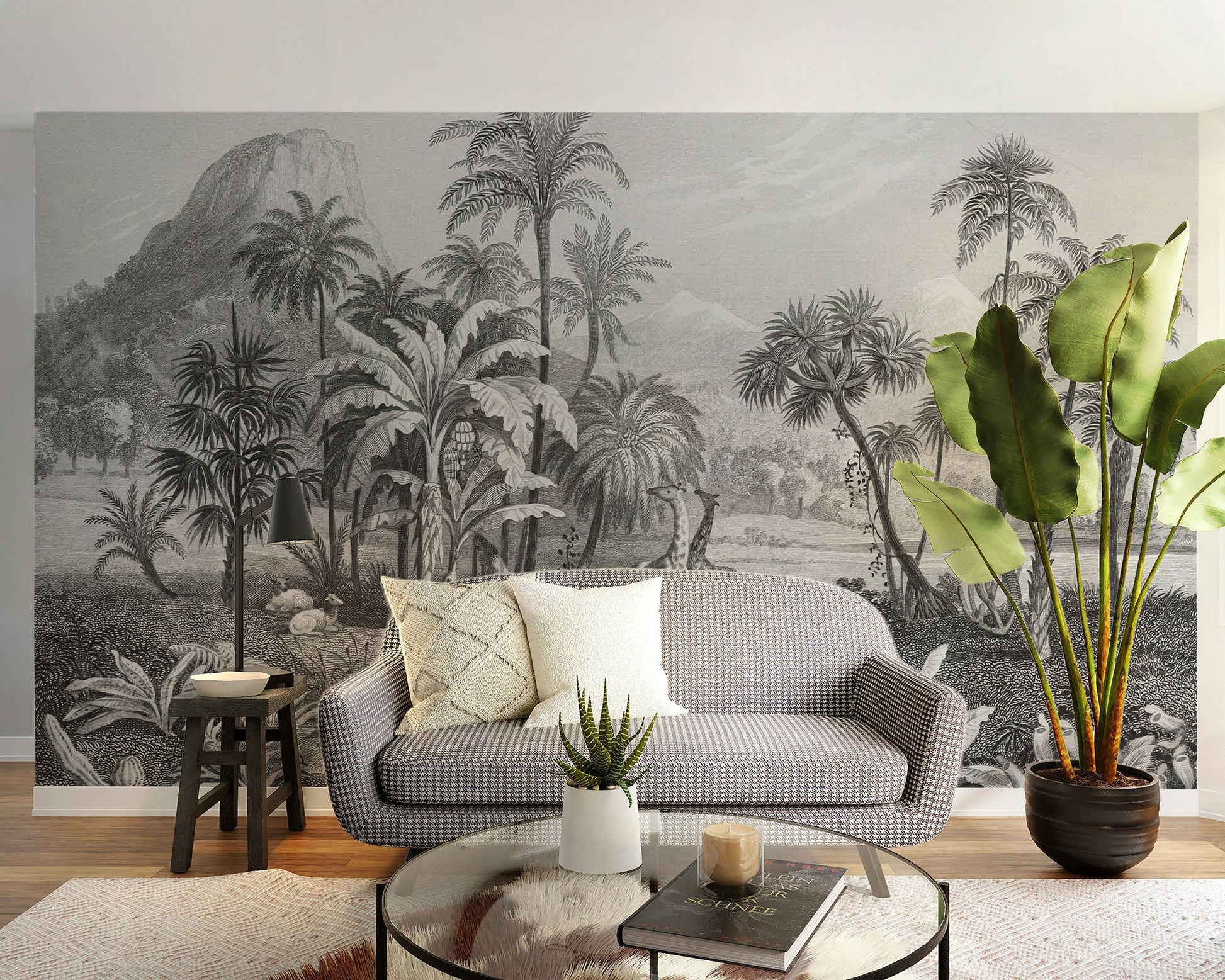 Elegant monochrome jungle mural with detailed leaves and trees
