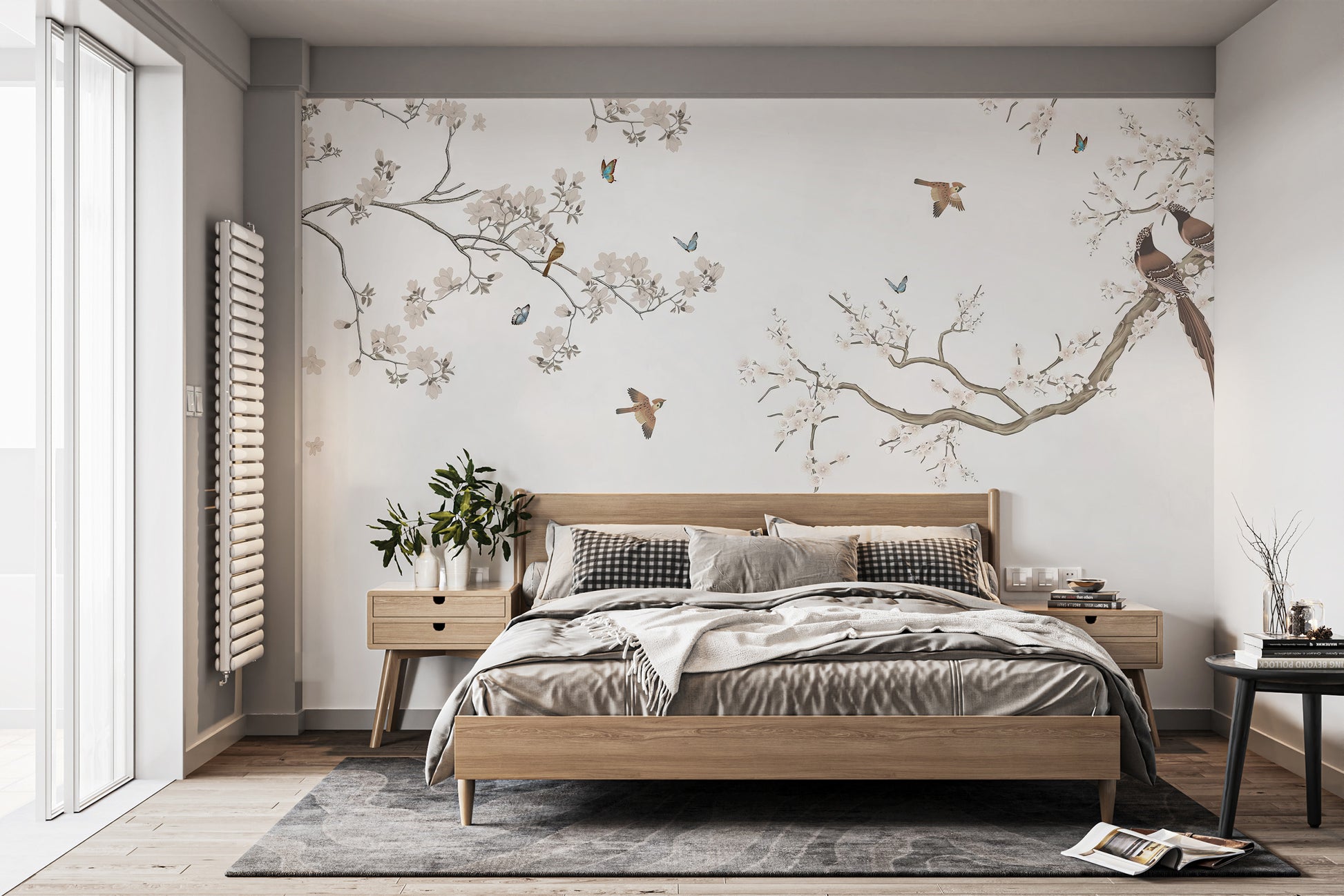 Peach blossom birds peel-off mural for calming decor