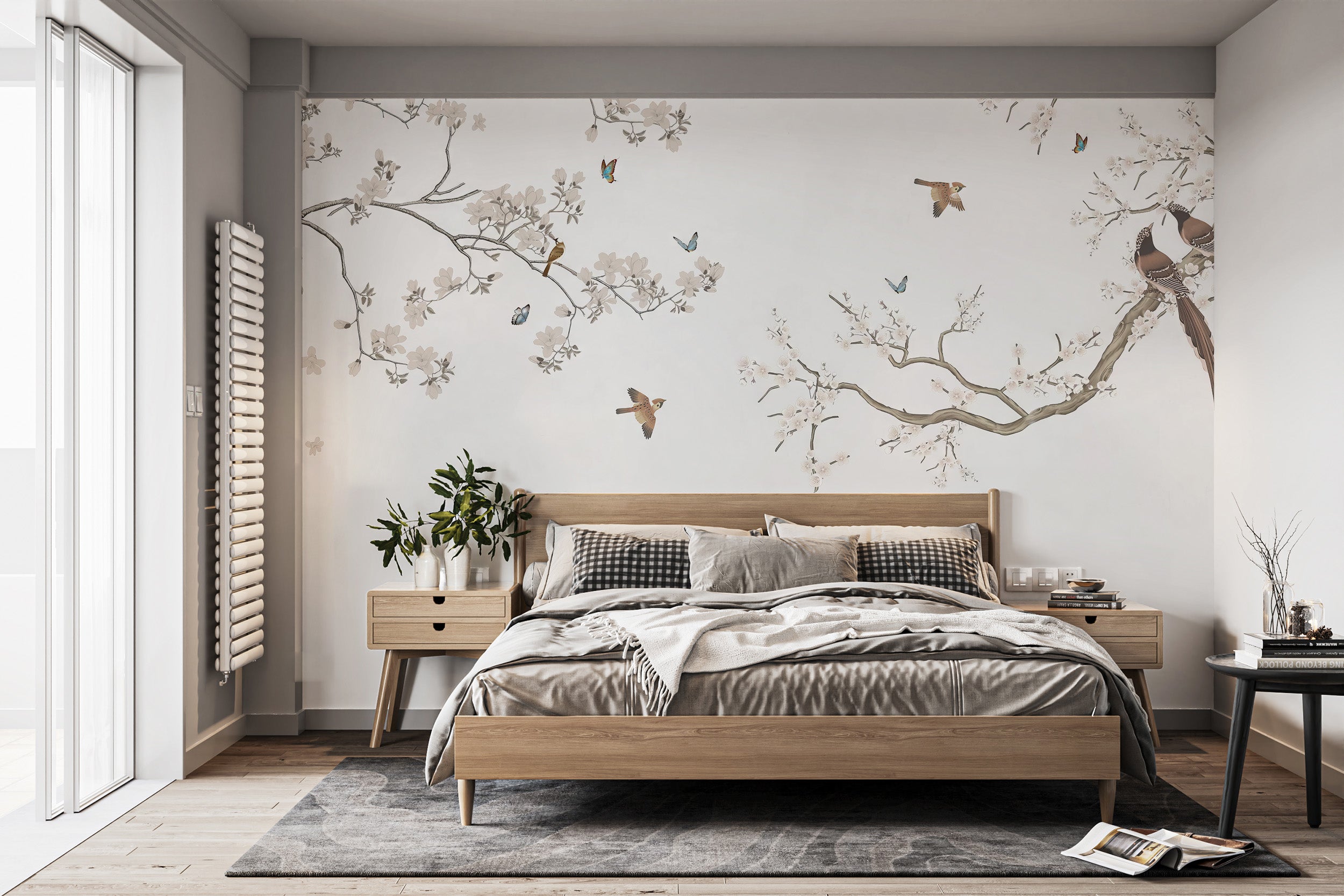 Peach blossom birds peel-off mural for calming decor