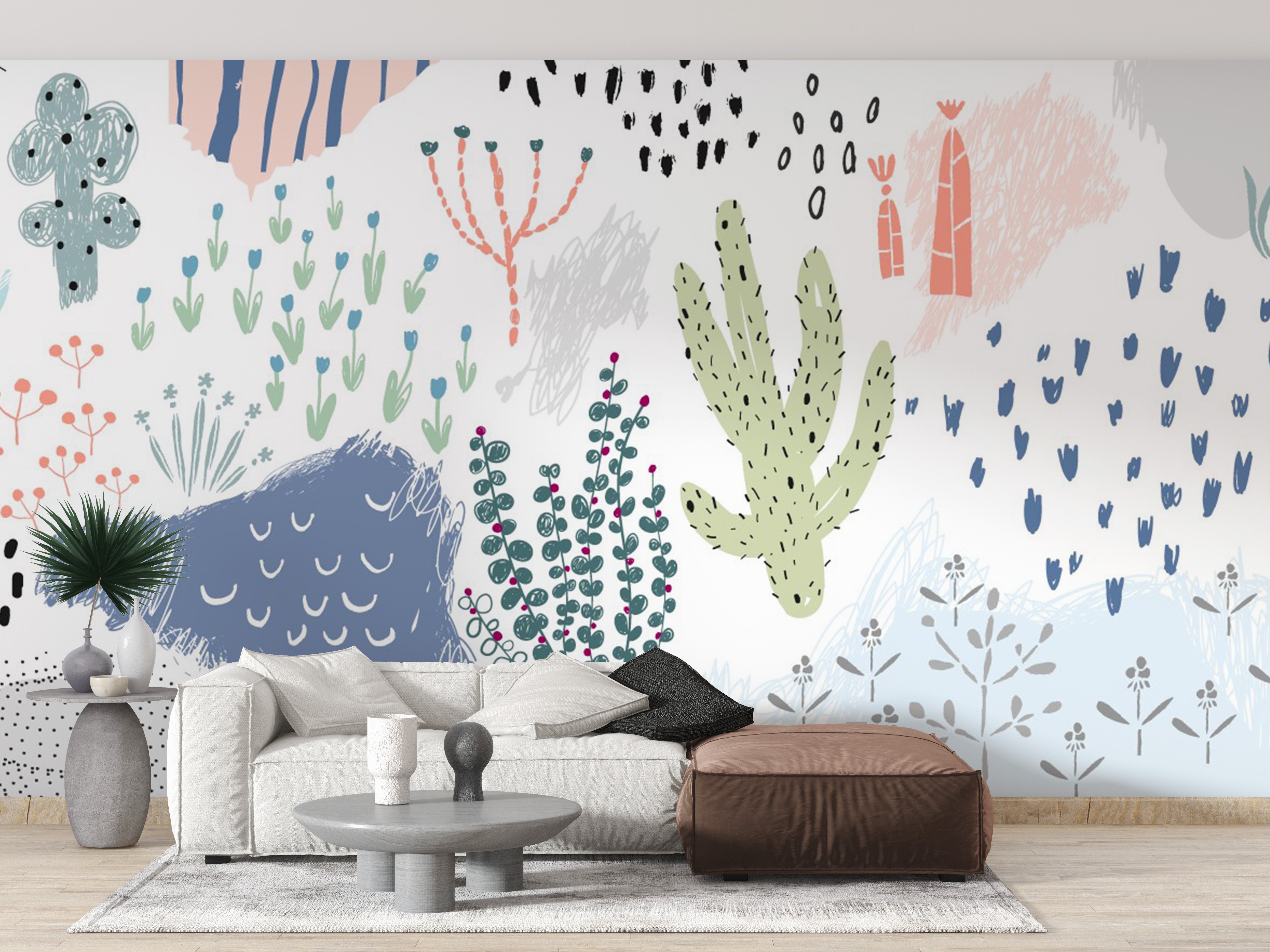 Abstract garden mural with floral and leafy elements