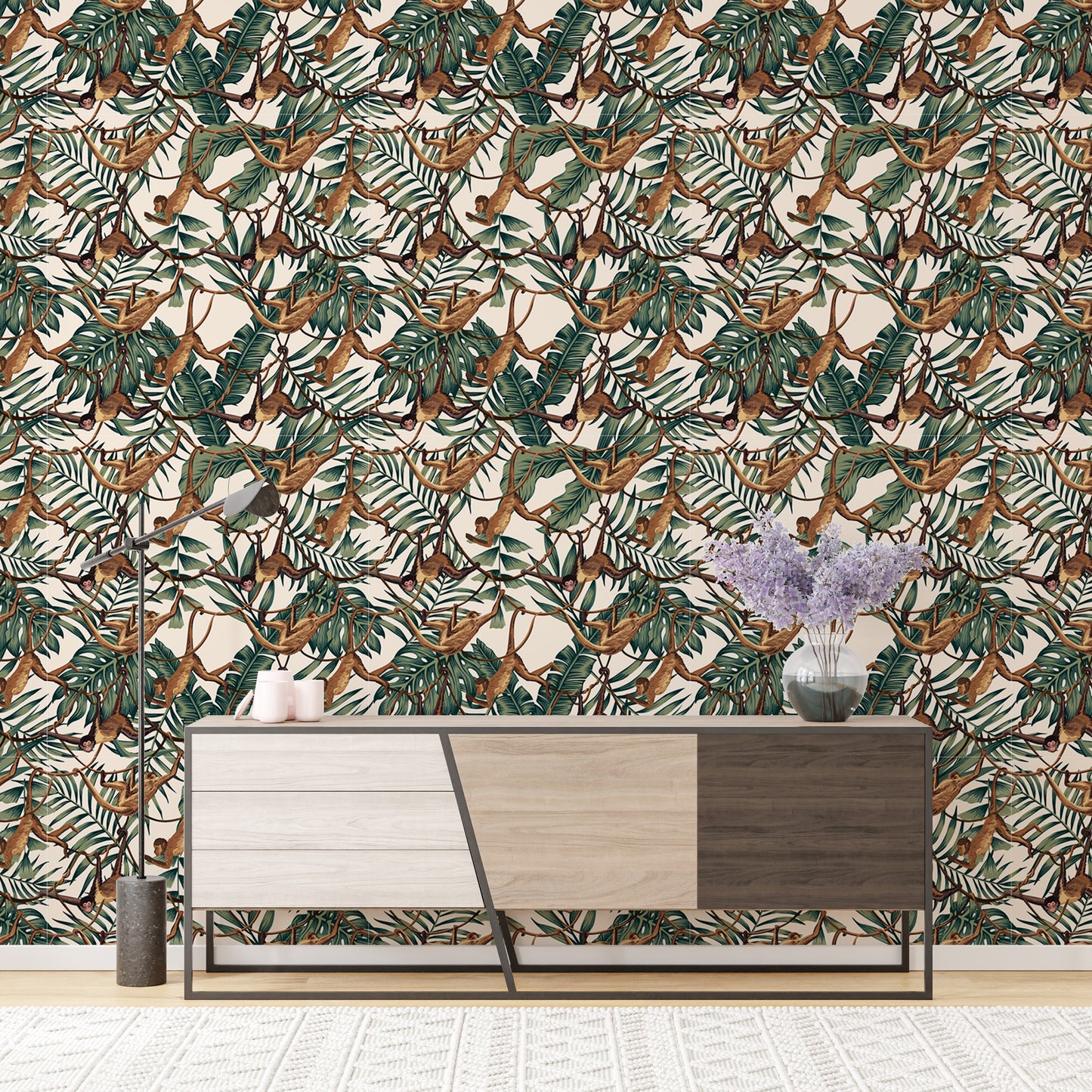 Playful wallpaper with watercolor monkeys in repeat pattern