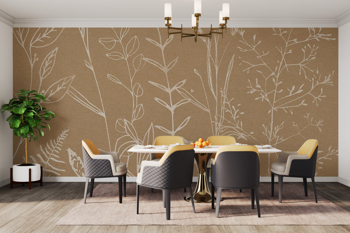 Artistic beige botanical mural for modern interiors
