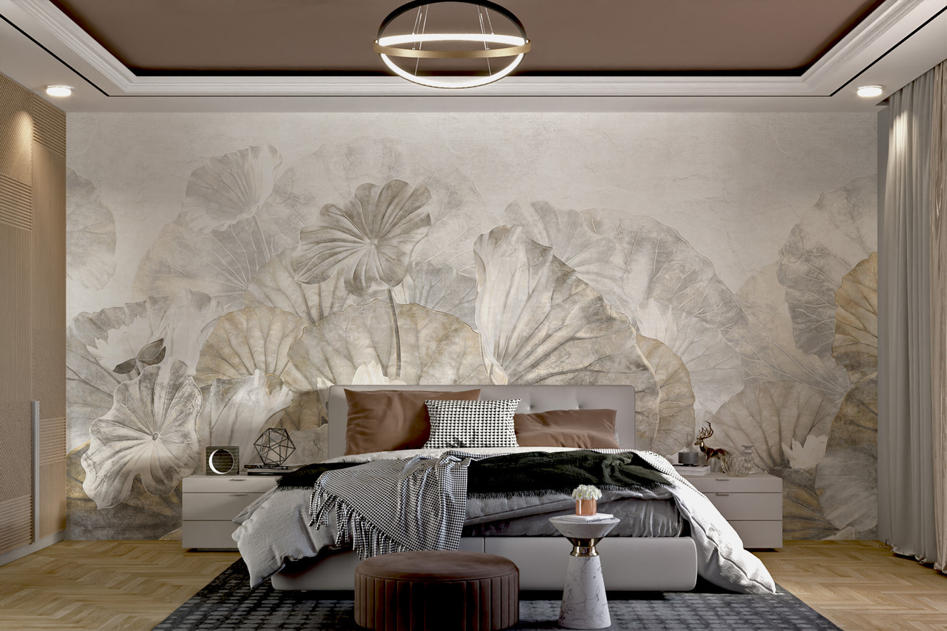 Muted Lotus Leaf Botanical Mural