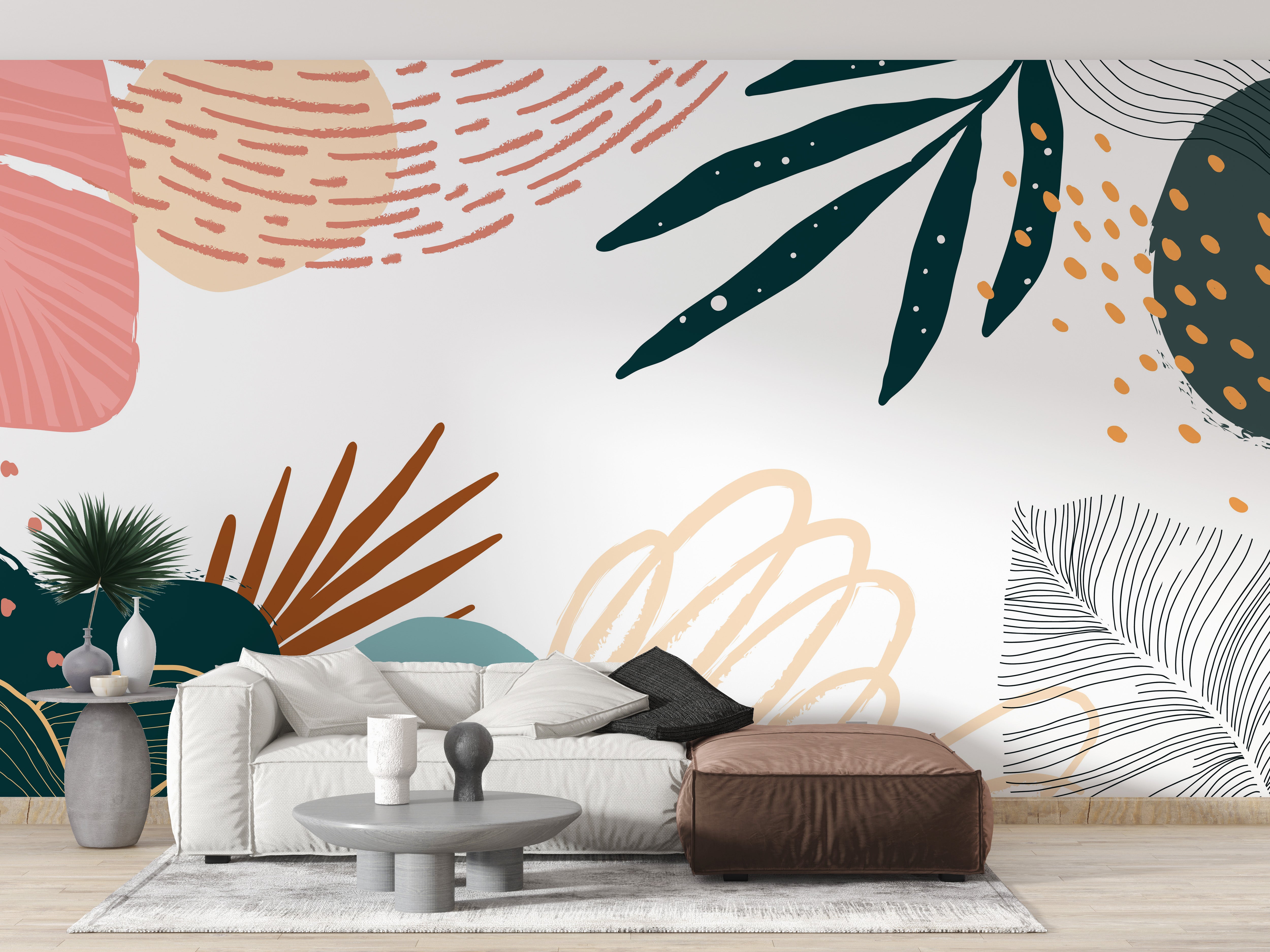 Neutral wall mural with nature-inspired art
