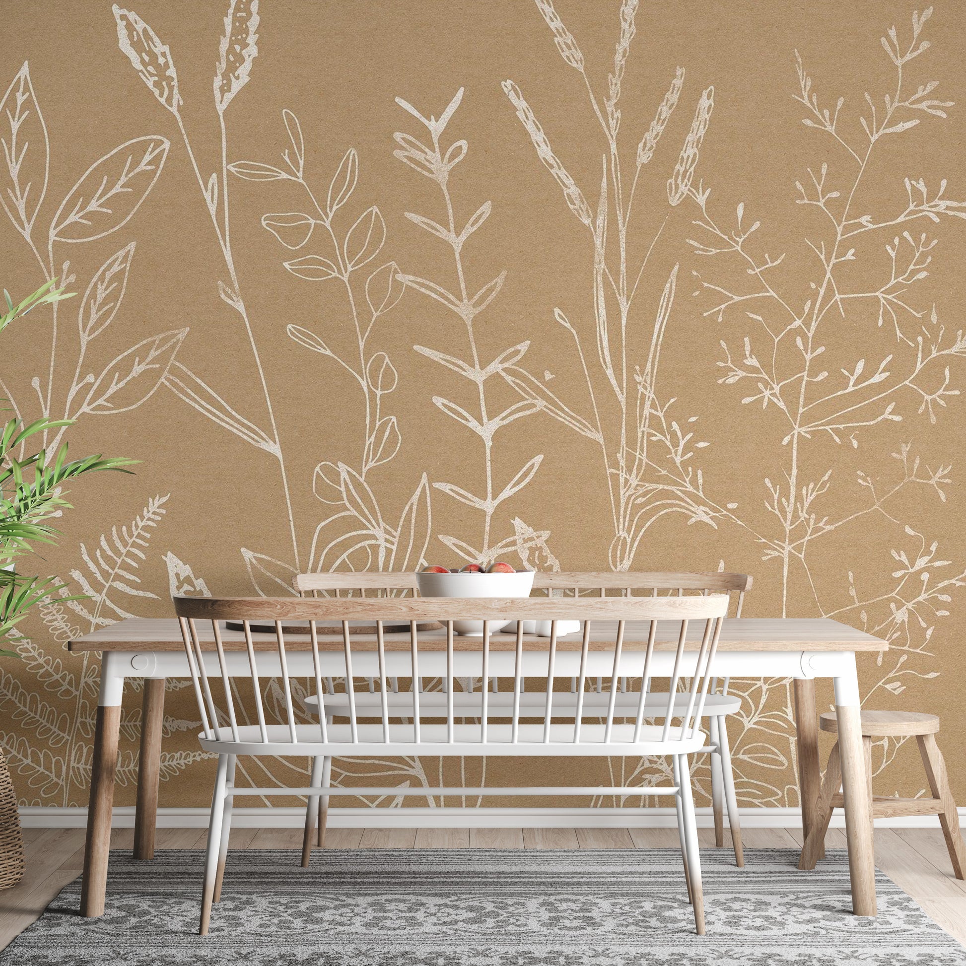 Beige botanical wallpaper mural for nature-inspired rooms
