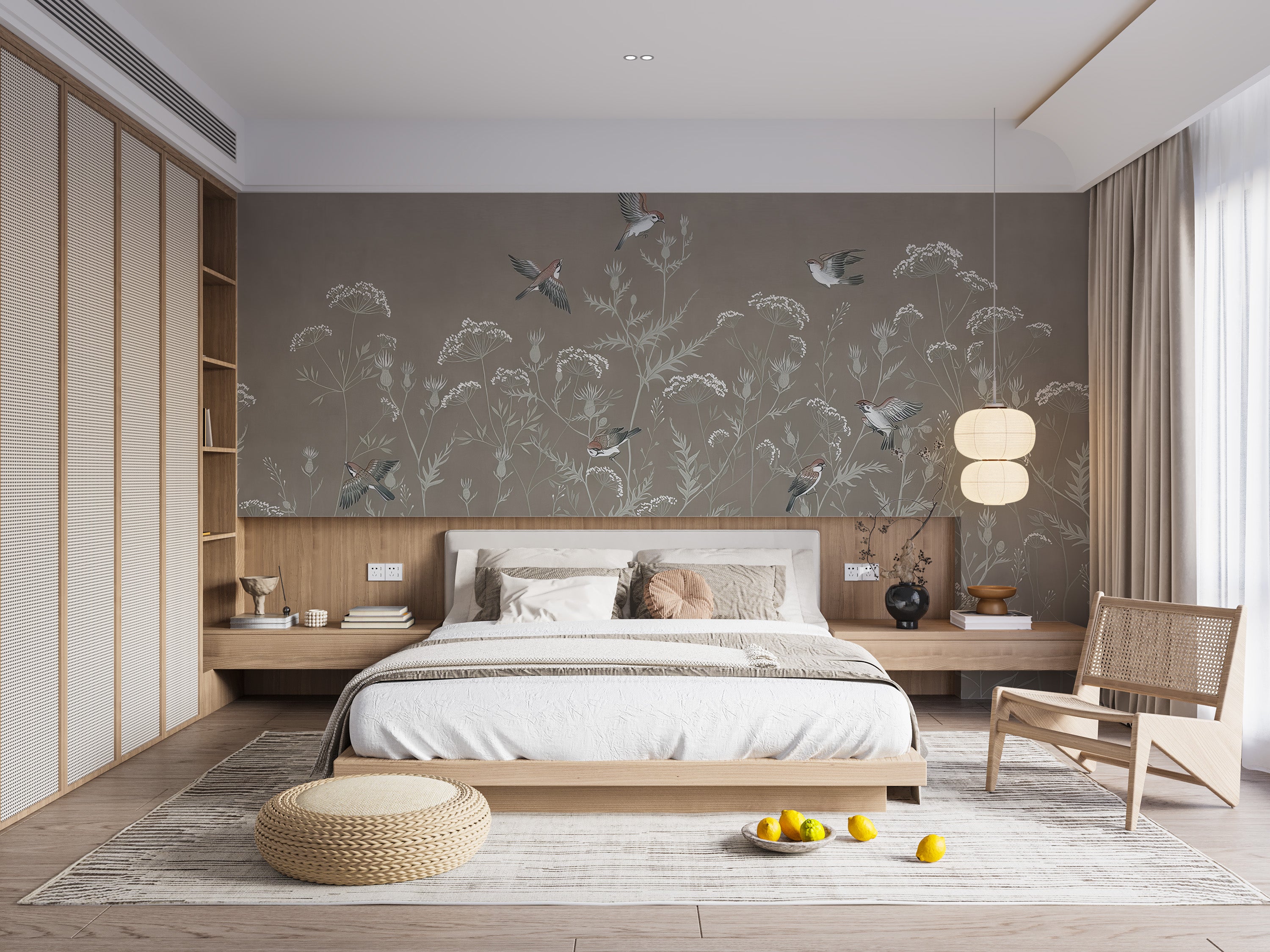 Nature-inspired flying sparrows mural for peaceful decor