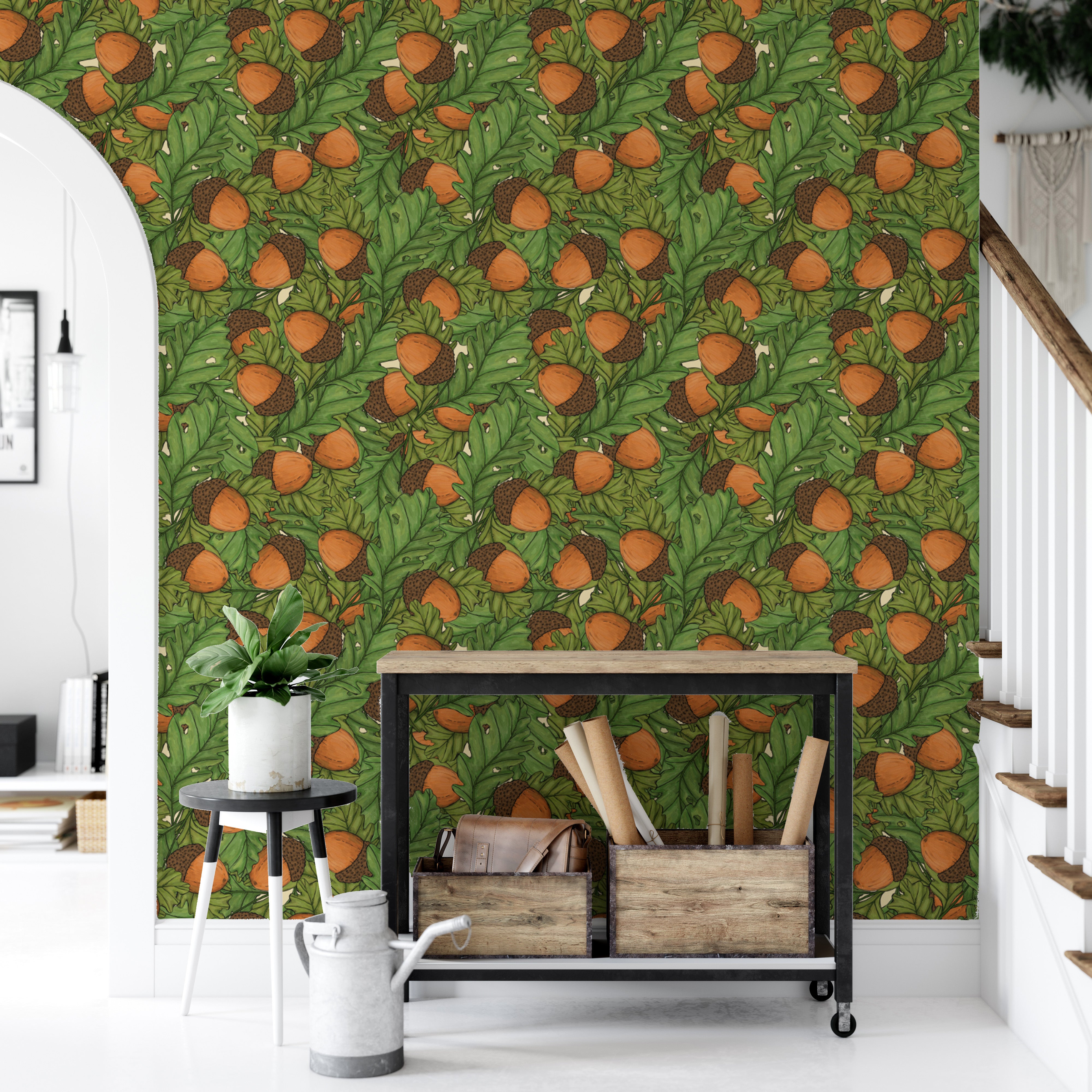 Acorn-themed wallpaper for cozy and rustic wall decor
