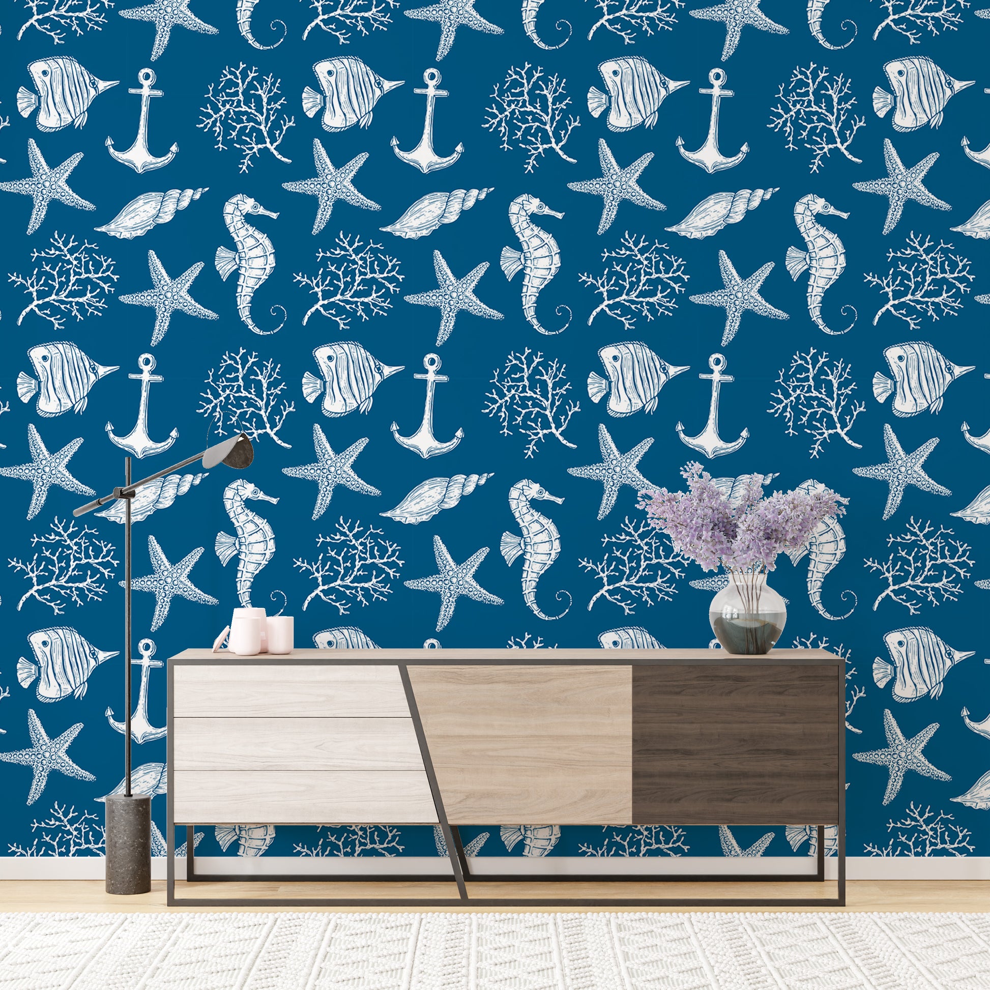 Blue wallpaper featuring sea creatures and underwater fish