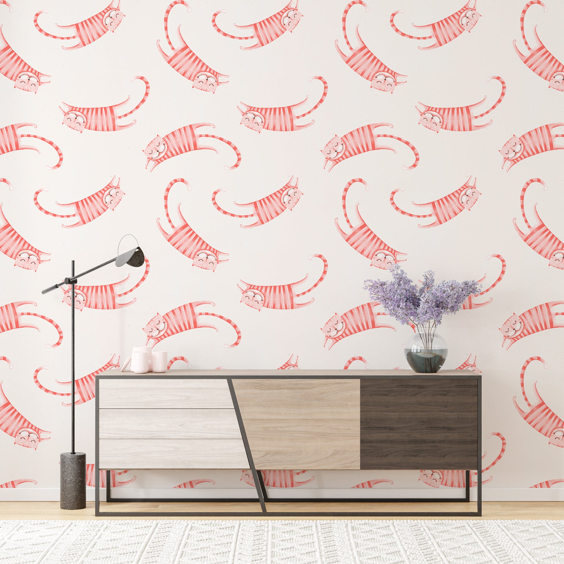 Whimsical pink cat-themed wallpaper for cozy spaces