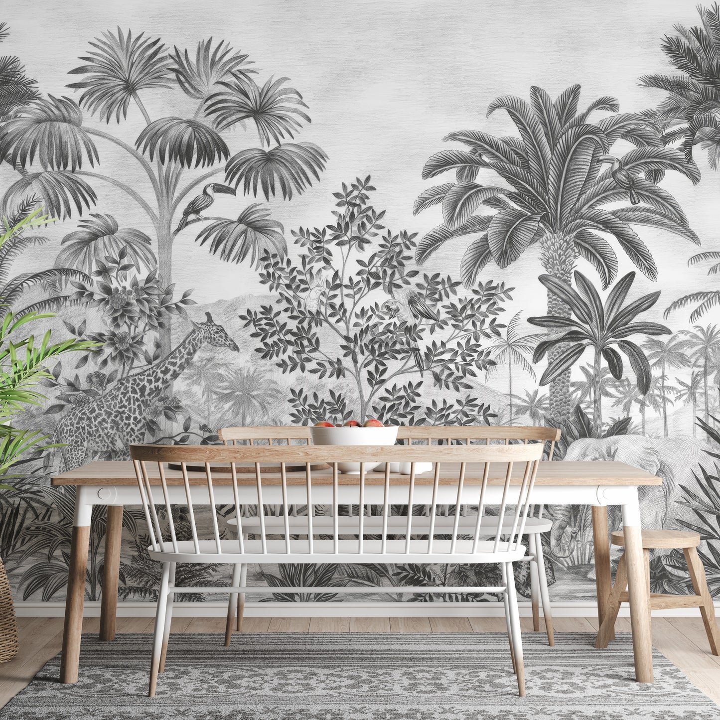 Unique monochrome tropical safari mural for statement rooms
