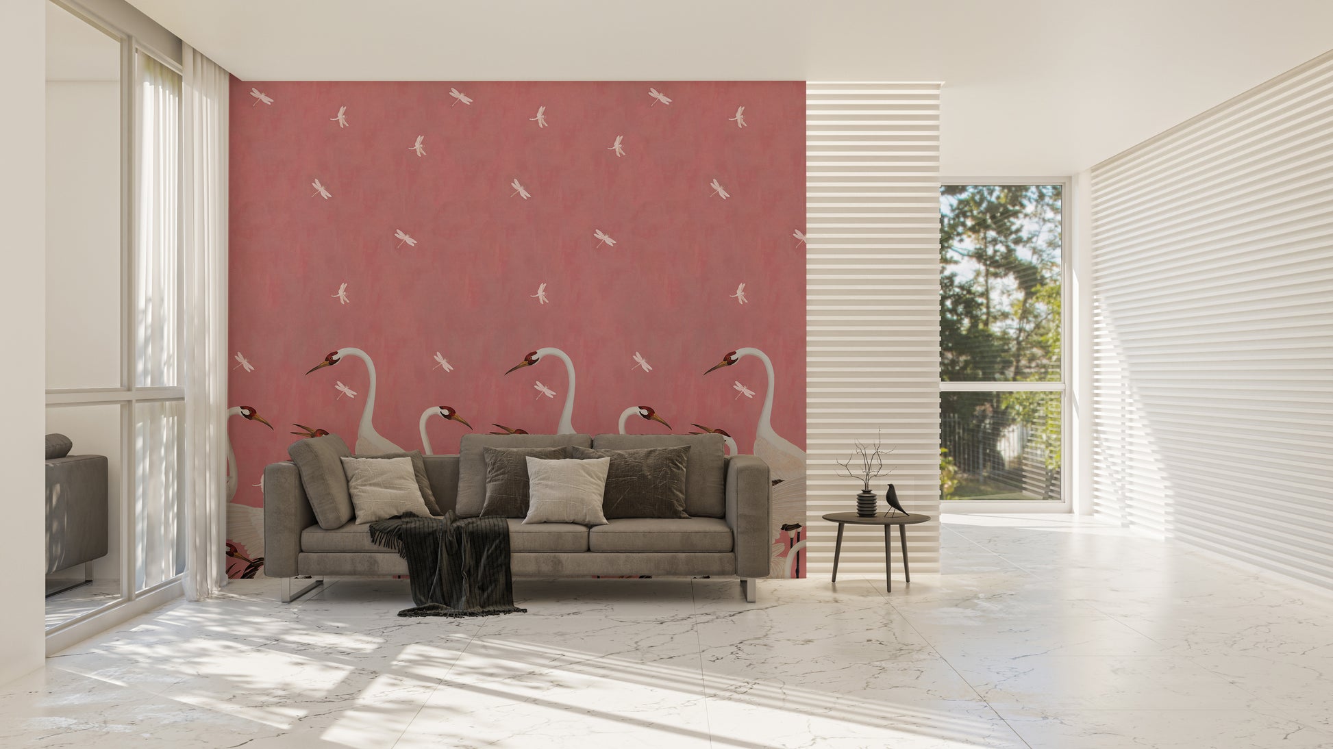 Serene crane design on pink wall mural.
