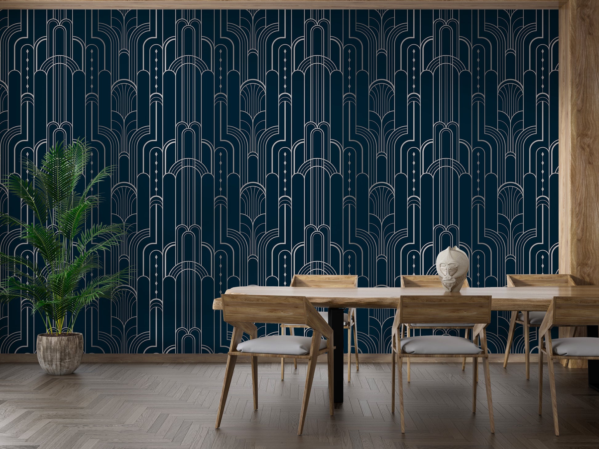 Removable blue Deco wallpaper with silver details.