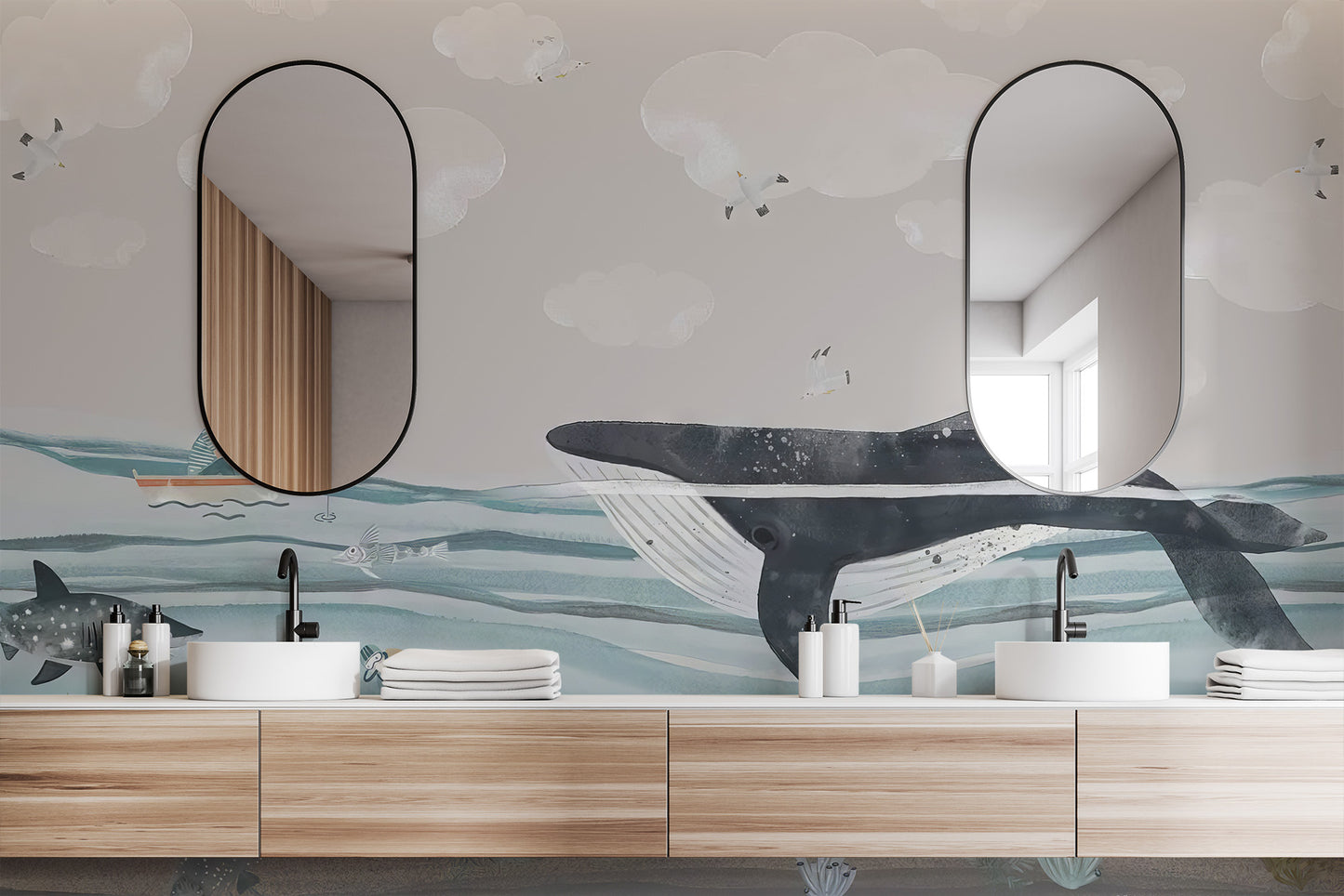 Magical whale mural with a giant, friendly whale in the deep sea
