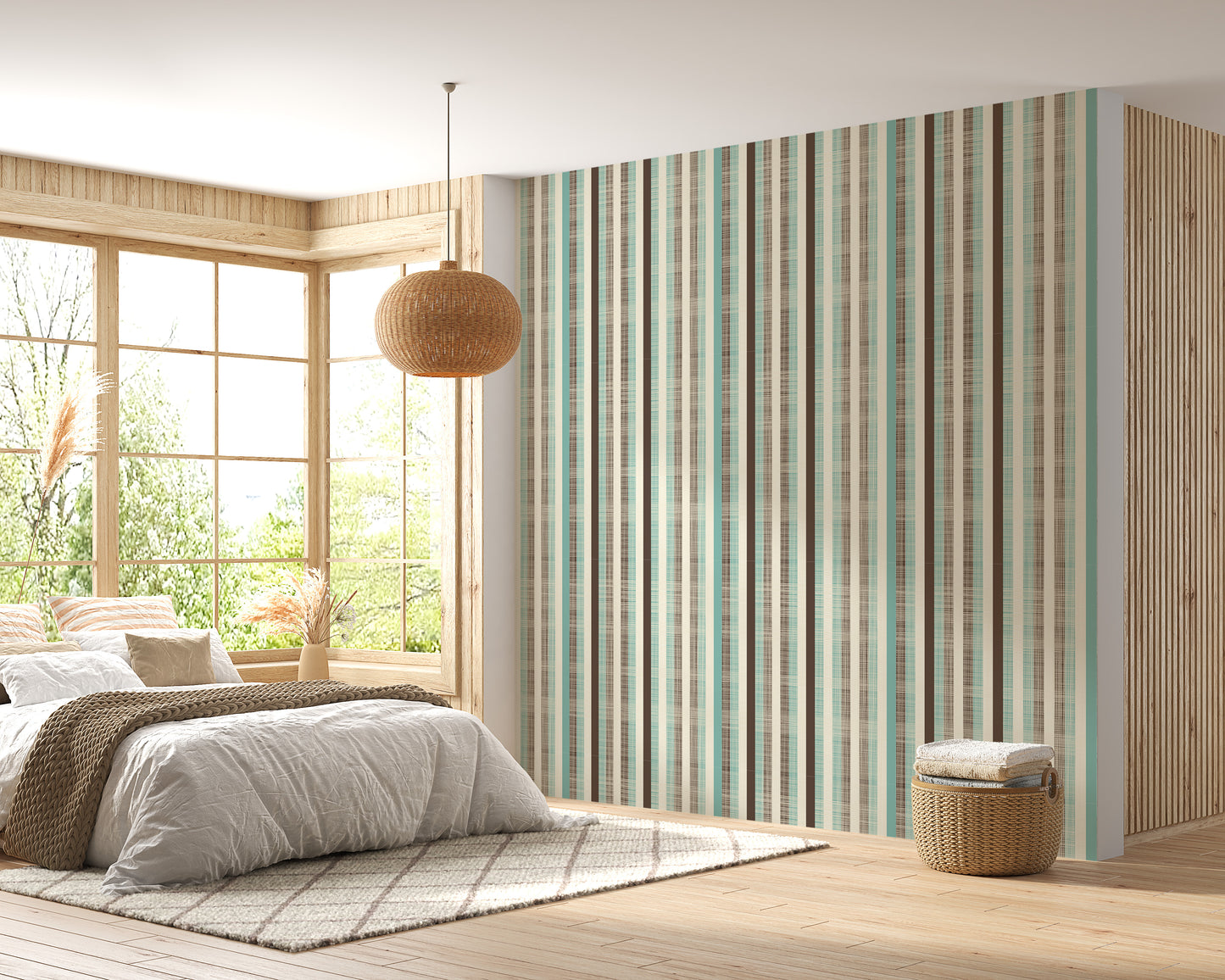 Retro Fabric Green Brown Stripe Wallpaper