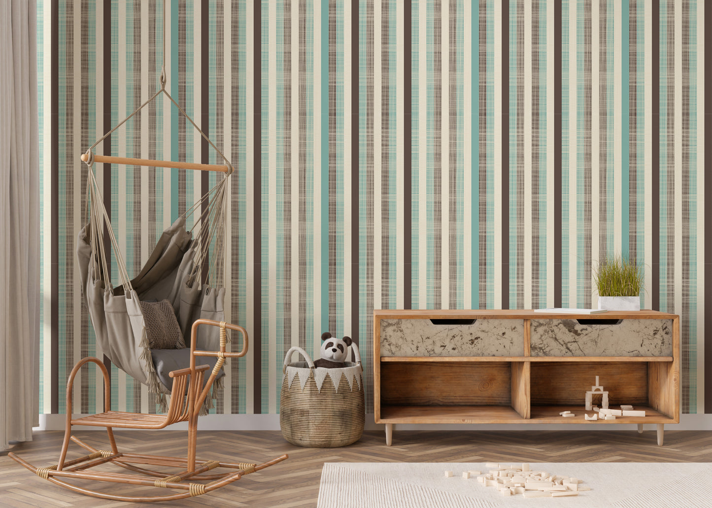 Retro Fabric Green Brown Stripe Wallpaper