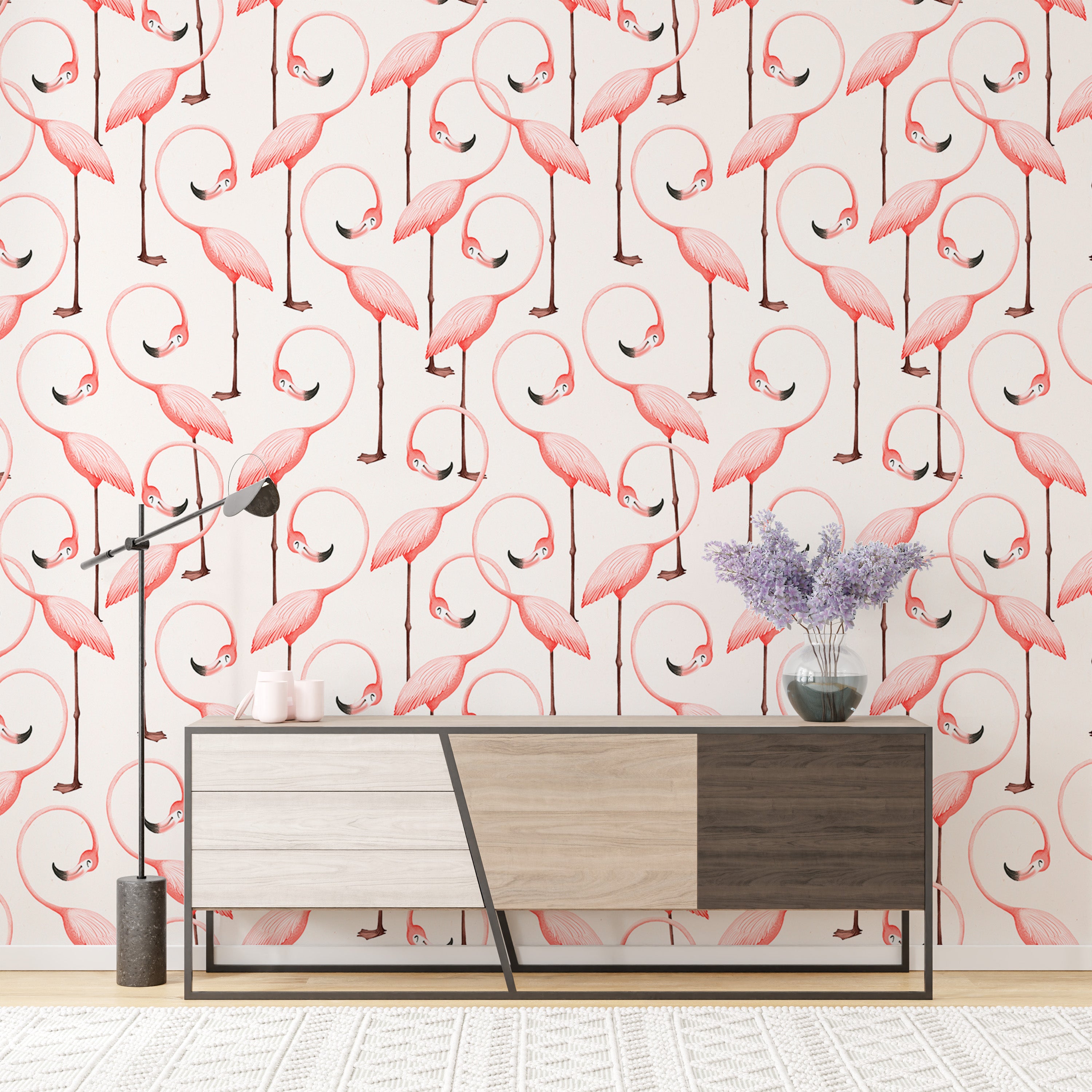 Seamless pink flamingo pattern for self-adhesive wallpaper