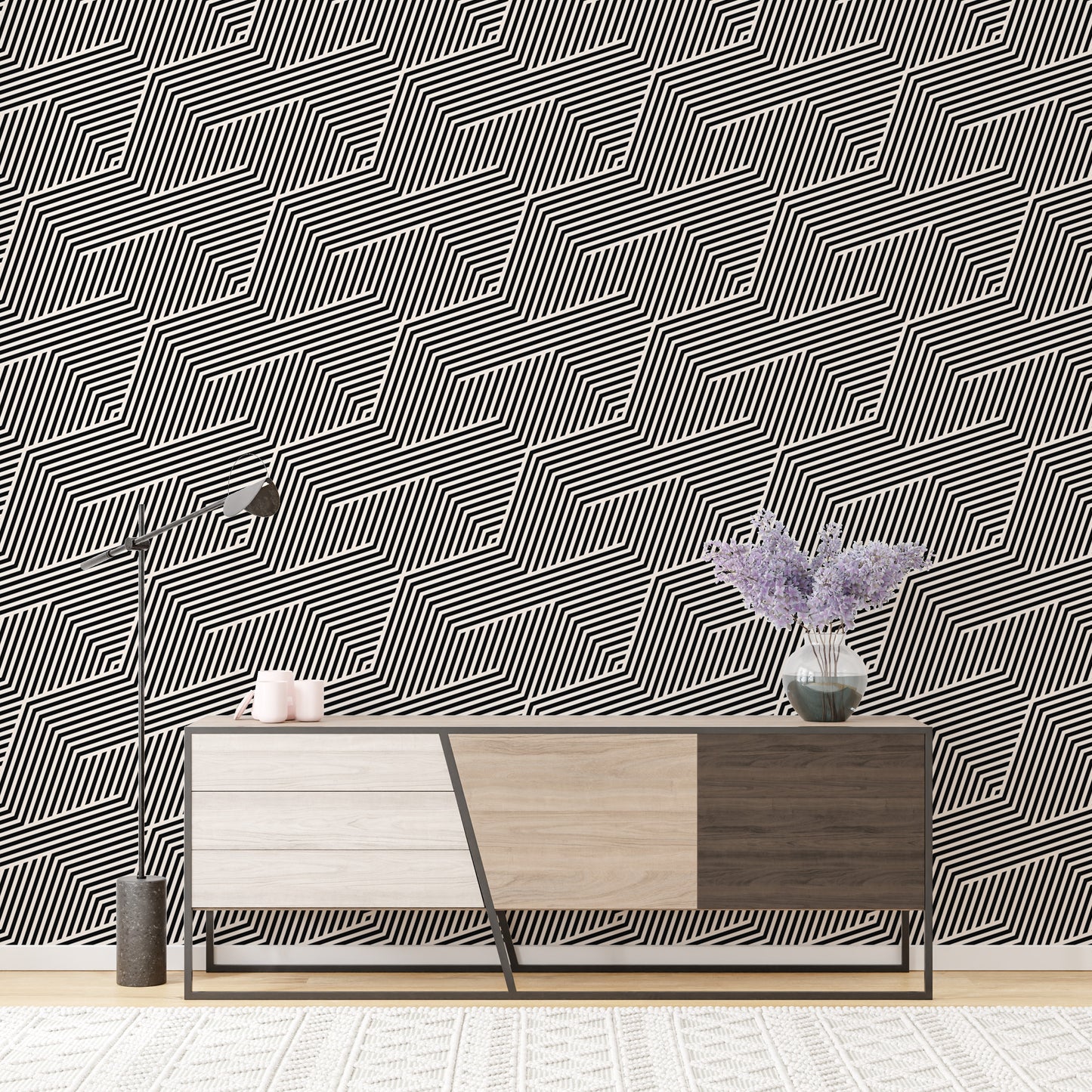 Black and White Zigzag Geometric Stripes Wallpaper