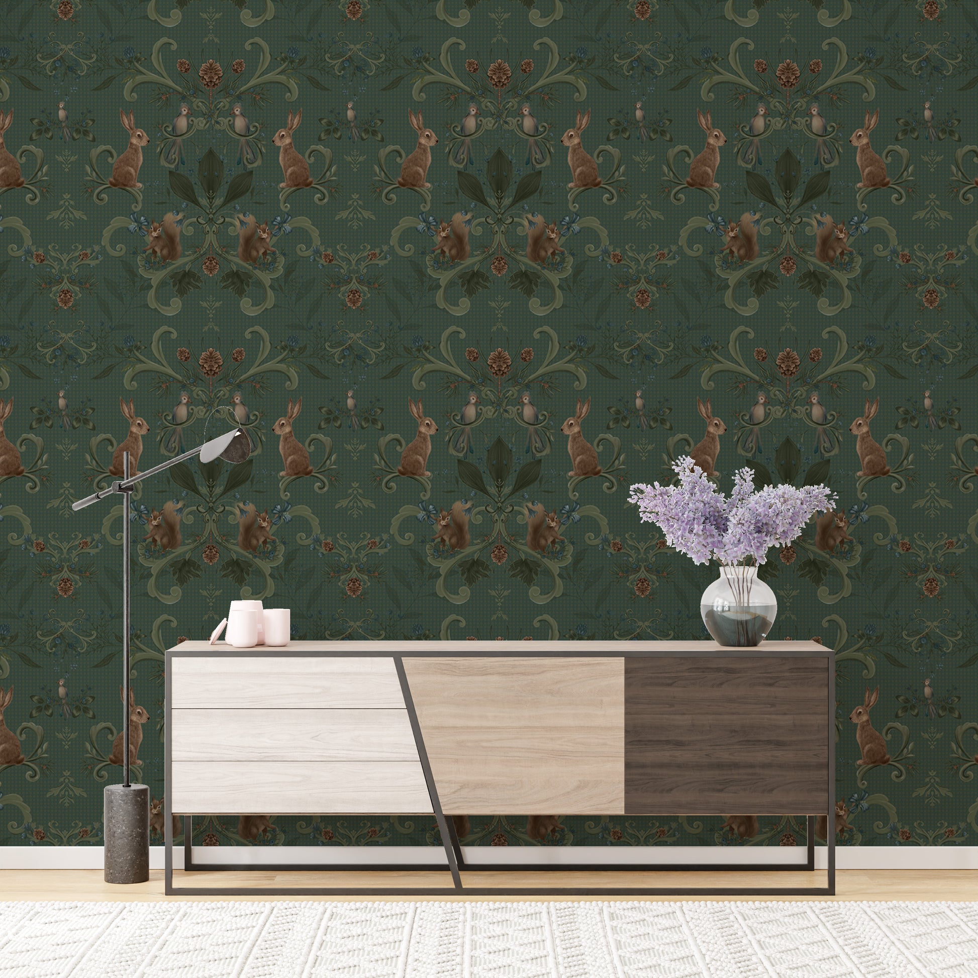 Vintage-style wallpaper with woodland creatures and greenery