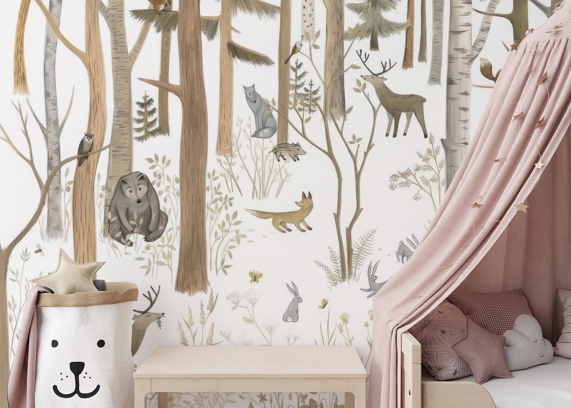 Self-adhesive woodland forest friends mural for interiors