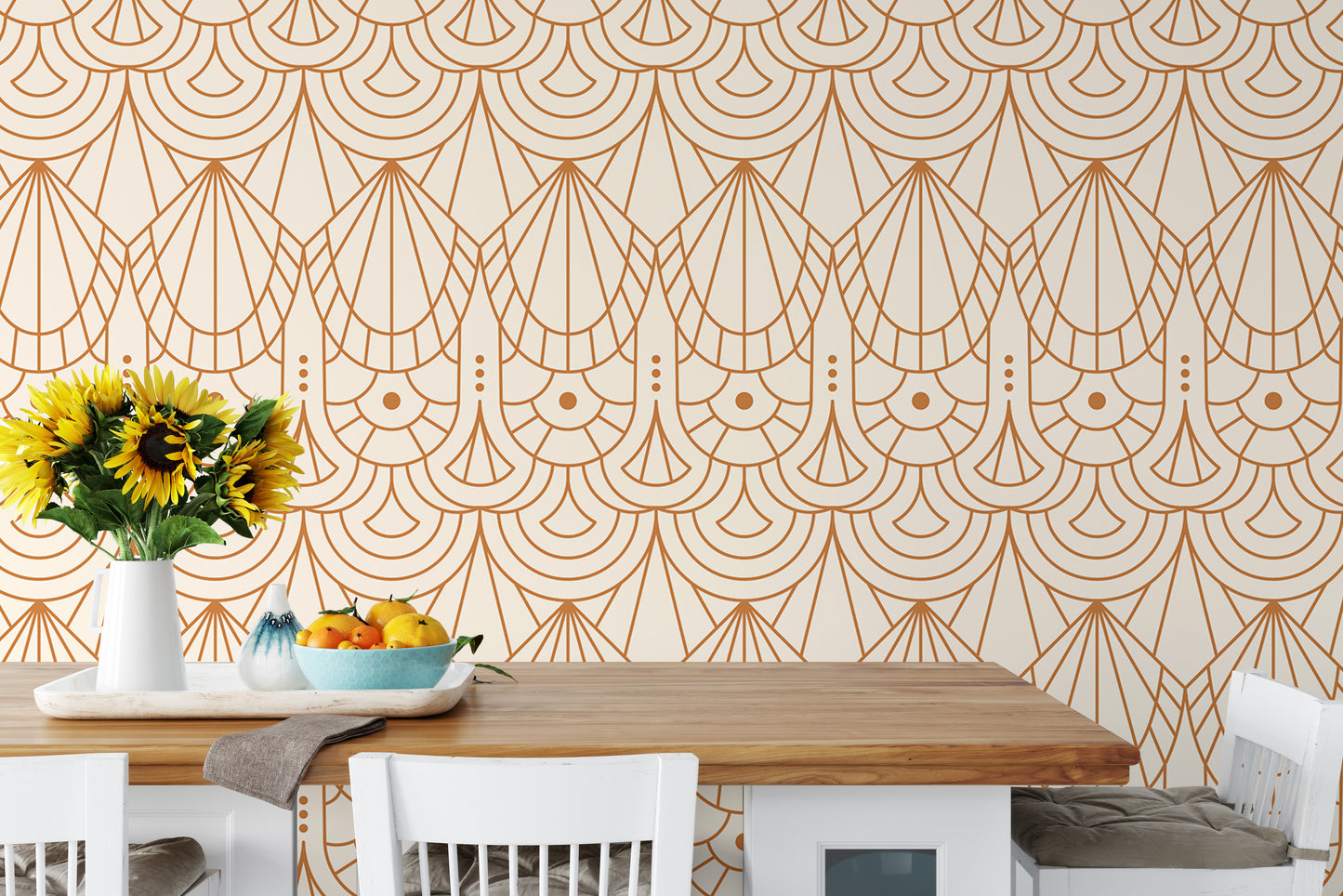 Art Deco repeat pattern in orange and beige.