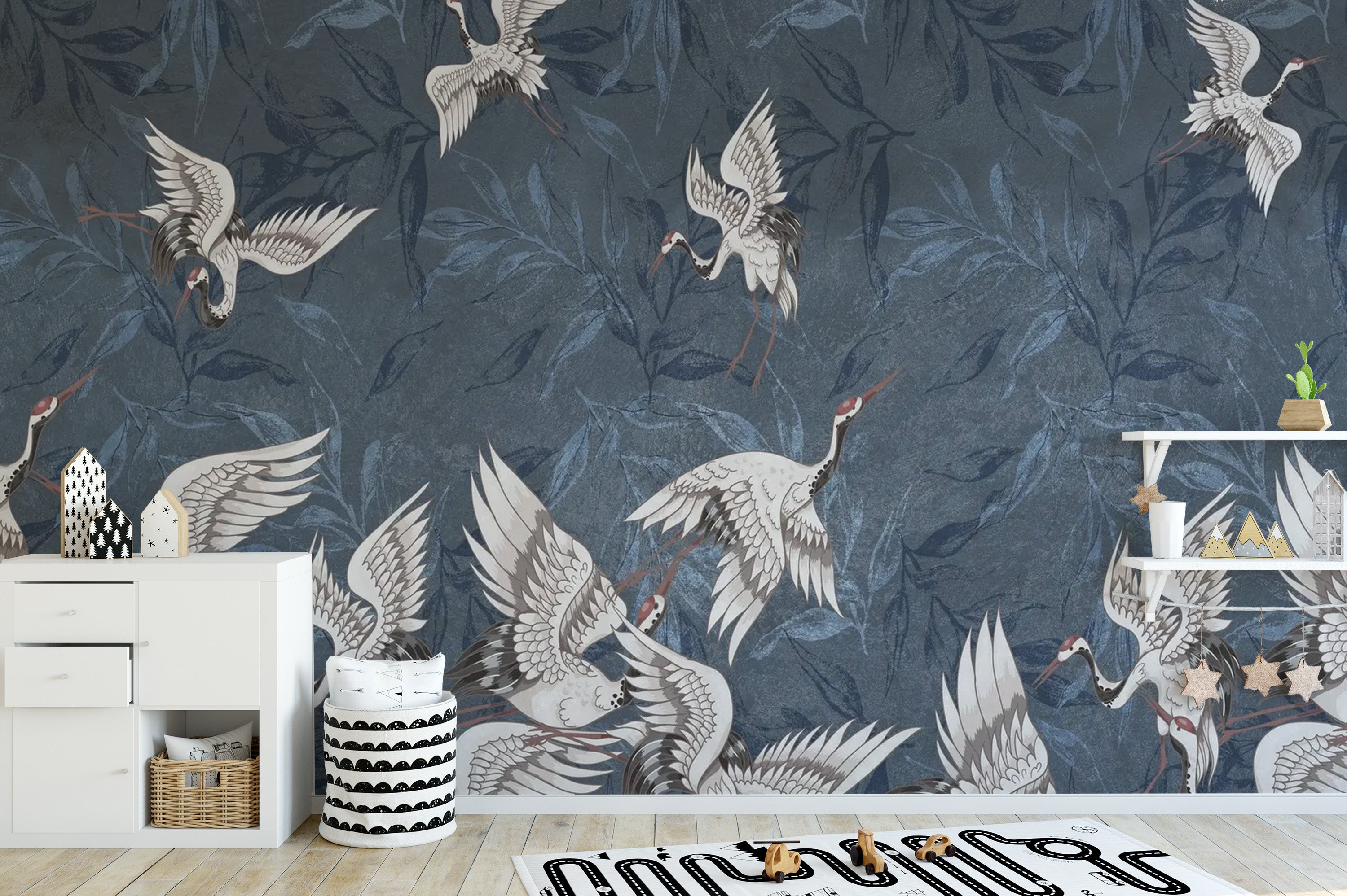 Artistic blue crane wallpaper with grunge leaves pattern
