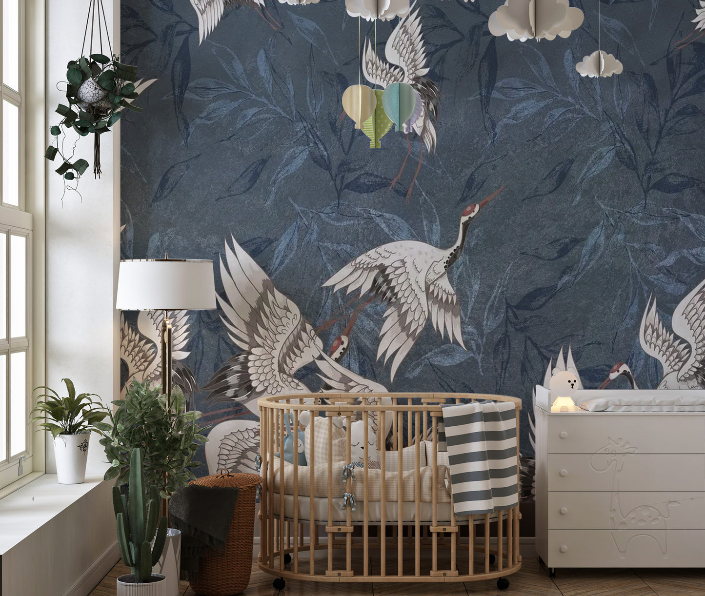 Elegant blue crane and grunge leaves mural for decor
