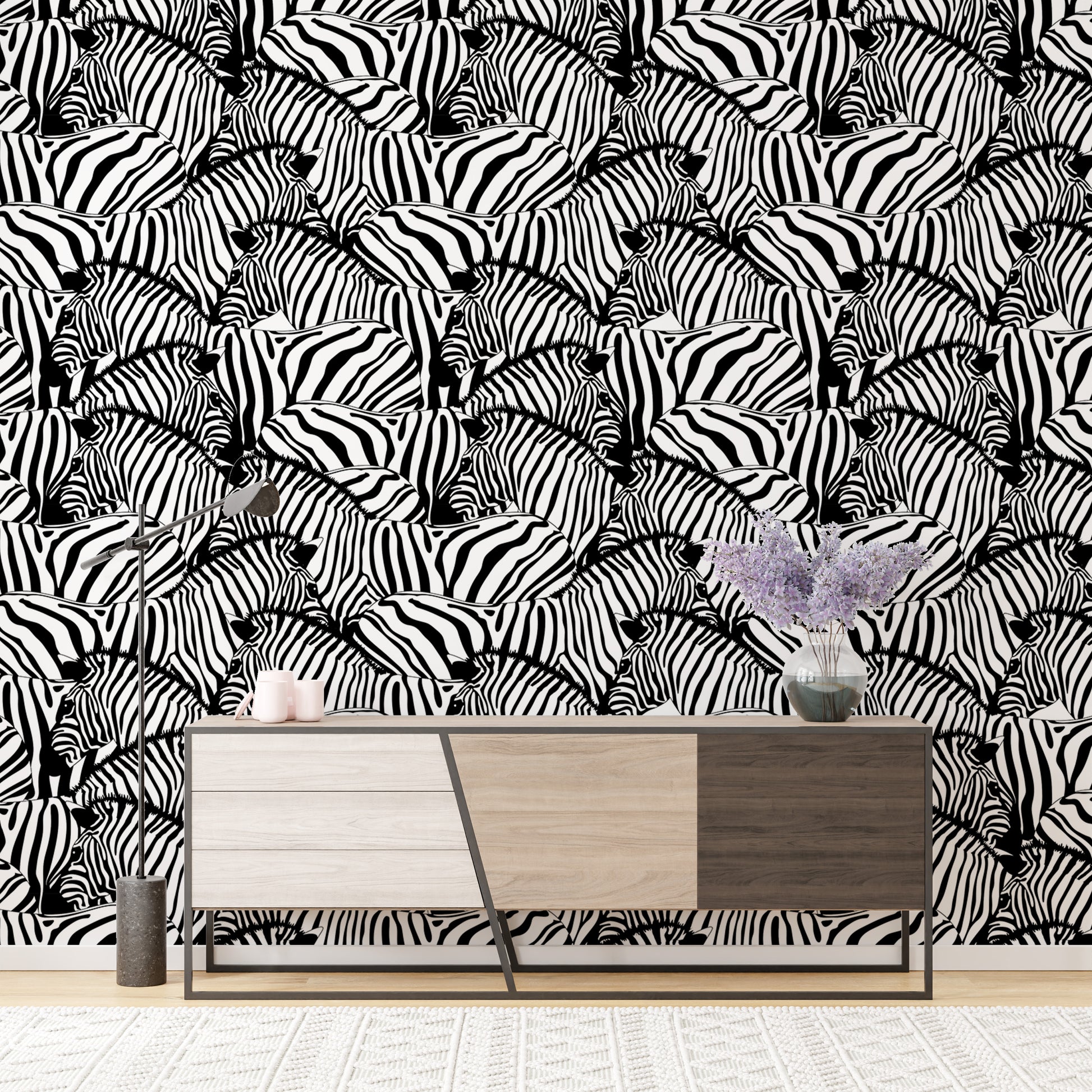 Bold black and white zebra stripe wallpaper for striking decor