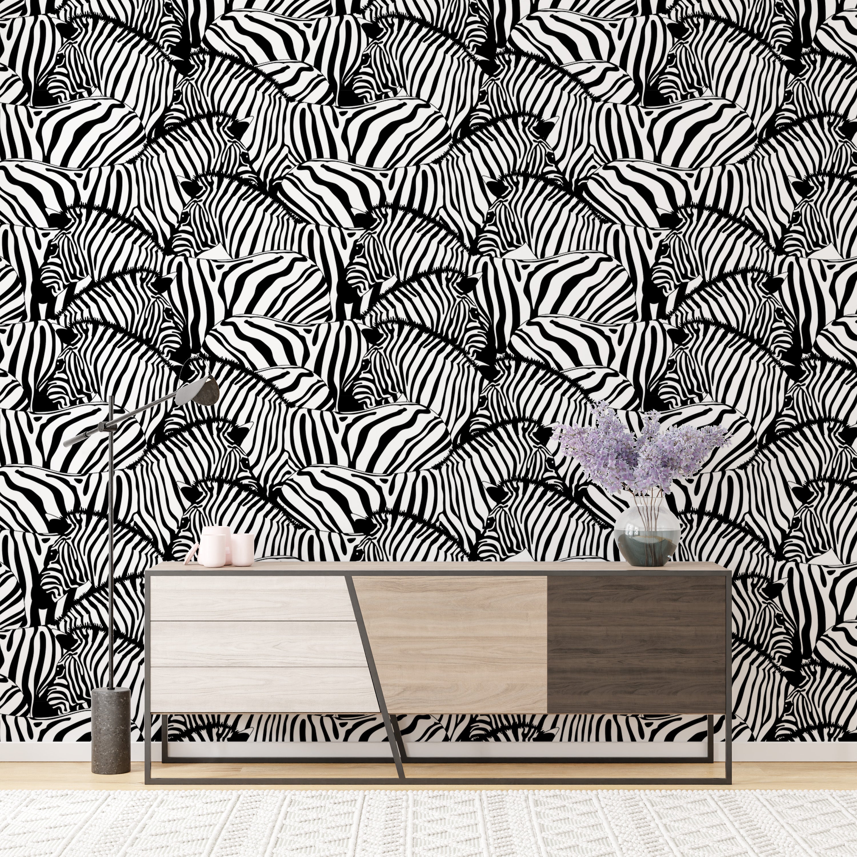 Bold black and white zebra stripe wallpaper for striking decor